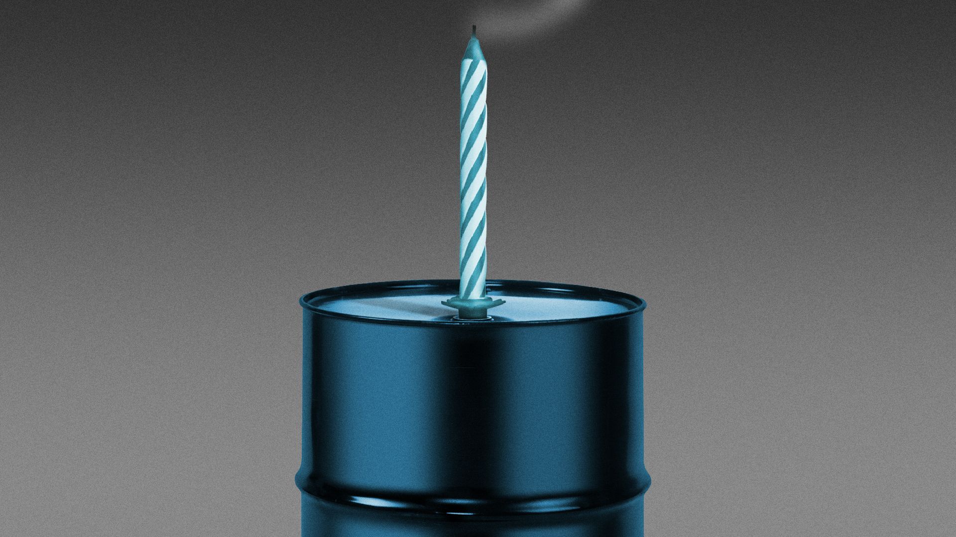 Illustration of a blown out birthday candle in an oil drum.