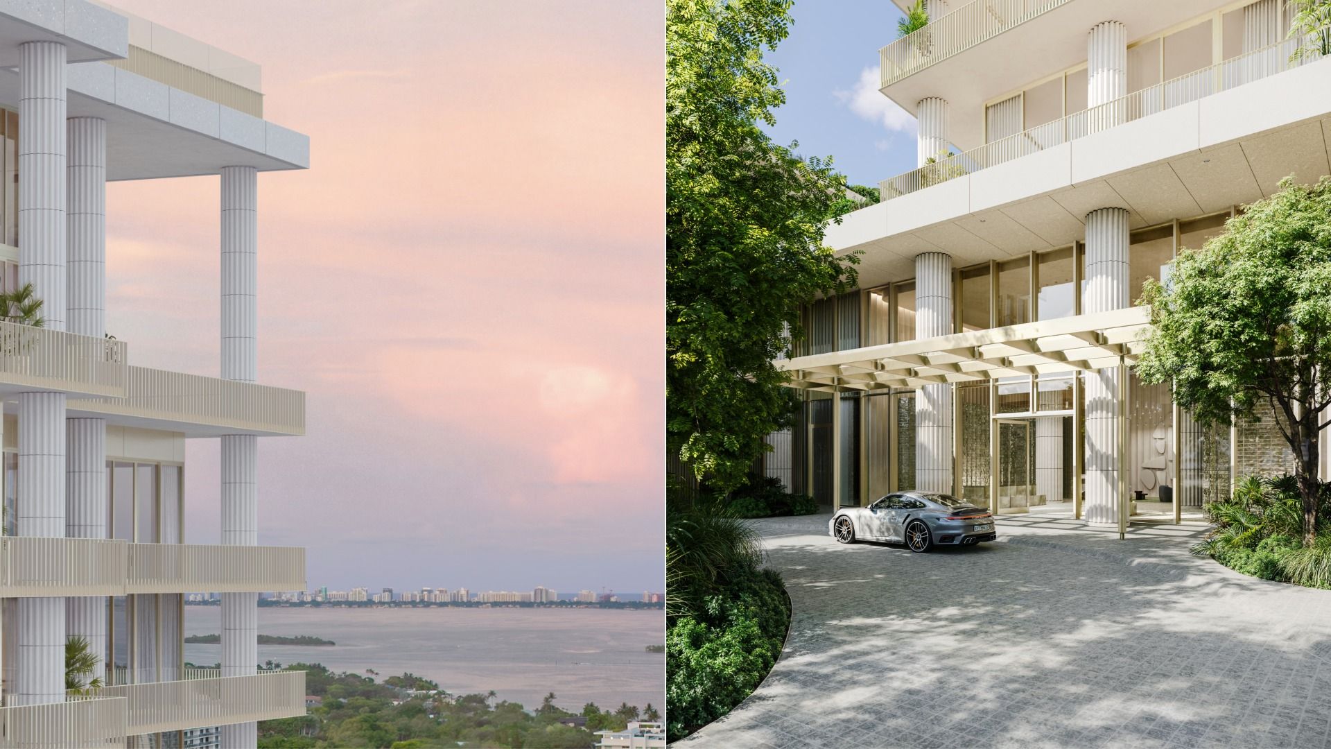 Split view of modern white buildings: left shows tall cylindrical columns, balconies, and a pink sunset over water; right features a glass entrance, lush greenery, and a silver sports car parked outside.