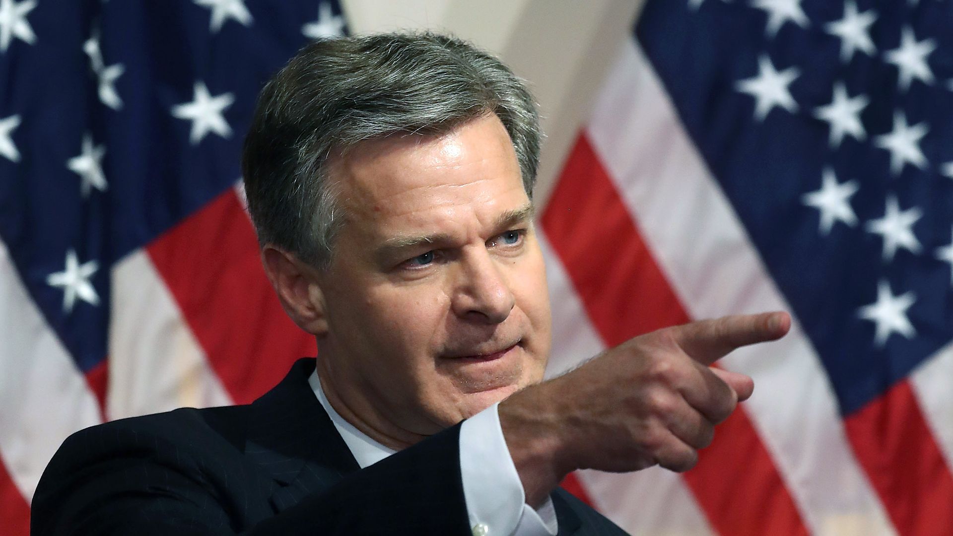 FBI Director is Christopher A. Wray speaks to the media during a news conference at FBI Headquarters, on June 14, 2018 in Washington, DC.