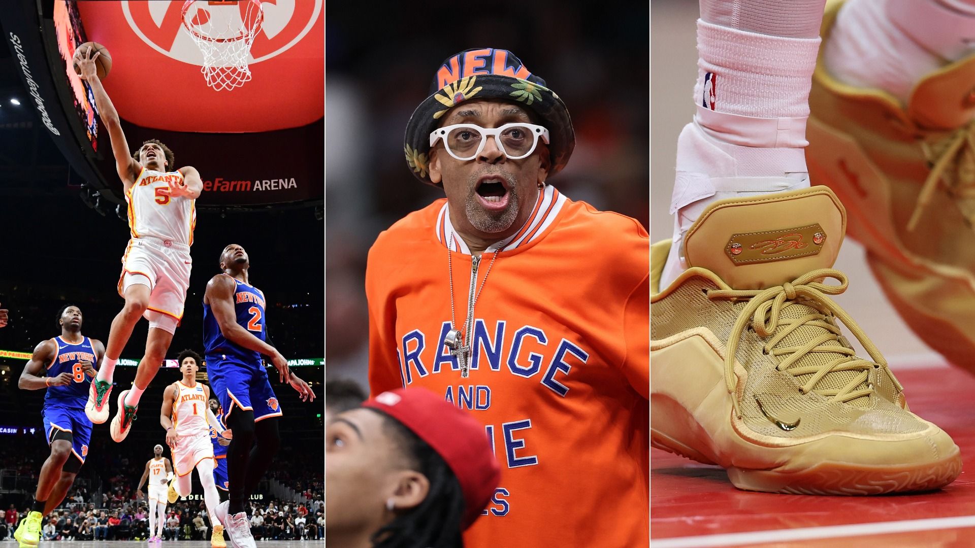 Three side-by-side photos. 1. A basketball player makes a layup as defenders watch. 2. A person wearing white wide-rimmed glasses, a fold-up bucket hat saying "NEW" and an orange zip-up jacket saying "ORANGE and BLUE" stands up during a basketball game. 3. A close-up of gold basketball shoes.