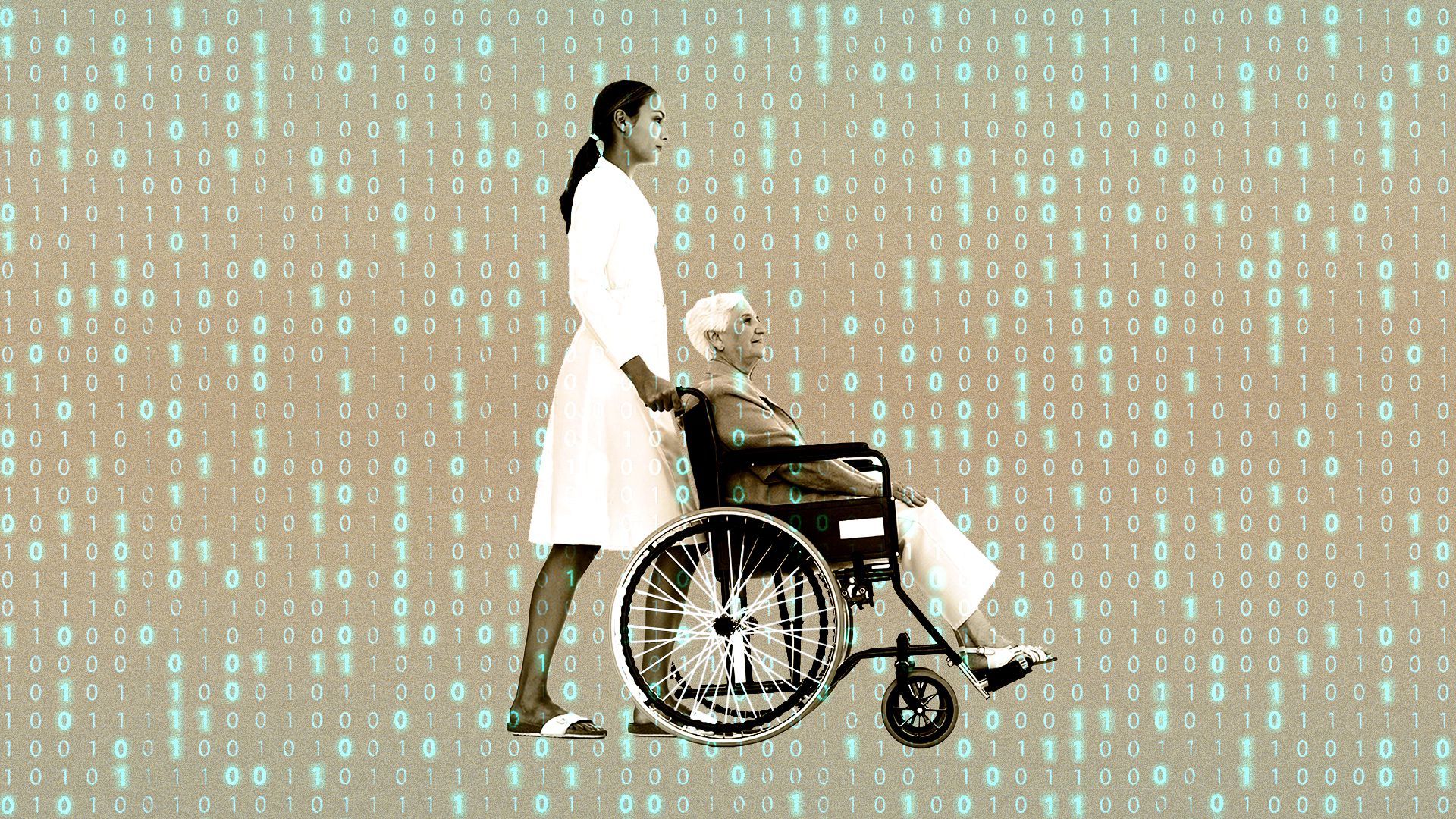 Illustration of a nurse pushing a senior citizen in a wheelchair with binary code lighting up in the background
