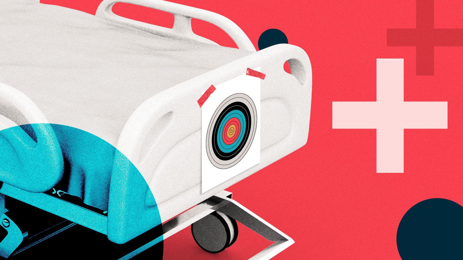 Illustration of a paper target taped to the foot end of a hospital bed.
