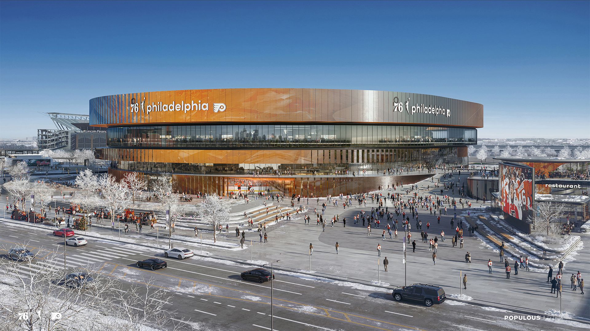 Winter rendering of a large circular stadium with an orange-to-silver gradient exterior and glass lower level. Crowds fill the snowy plaza; curved signage reads 76 Philadelphia under a blue sky.