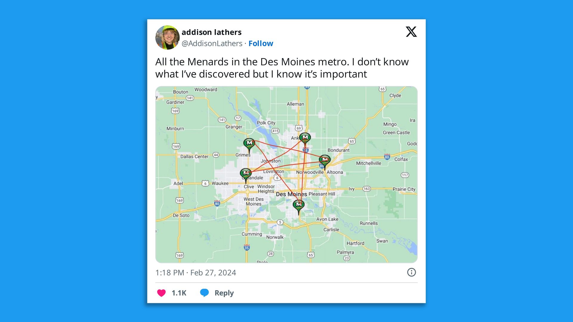 A tweet showing a drawn pentagram and all the Menards locations