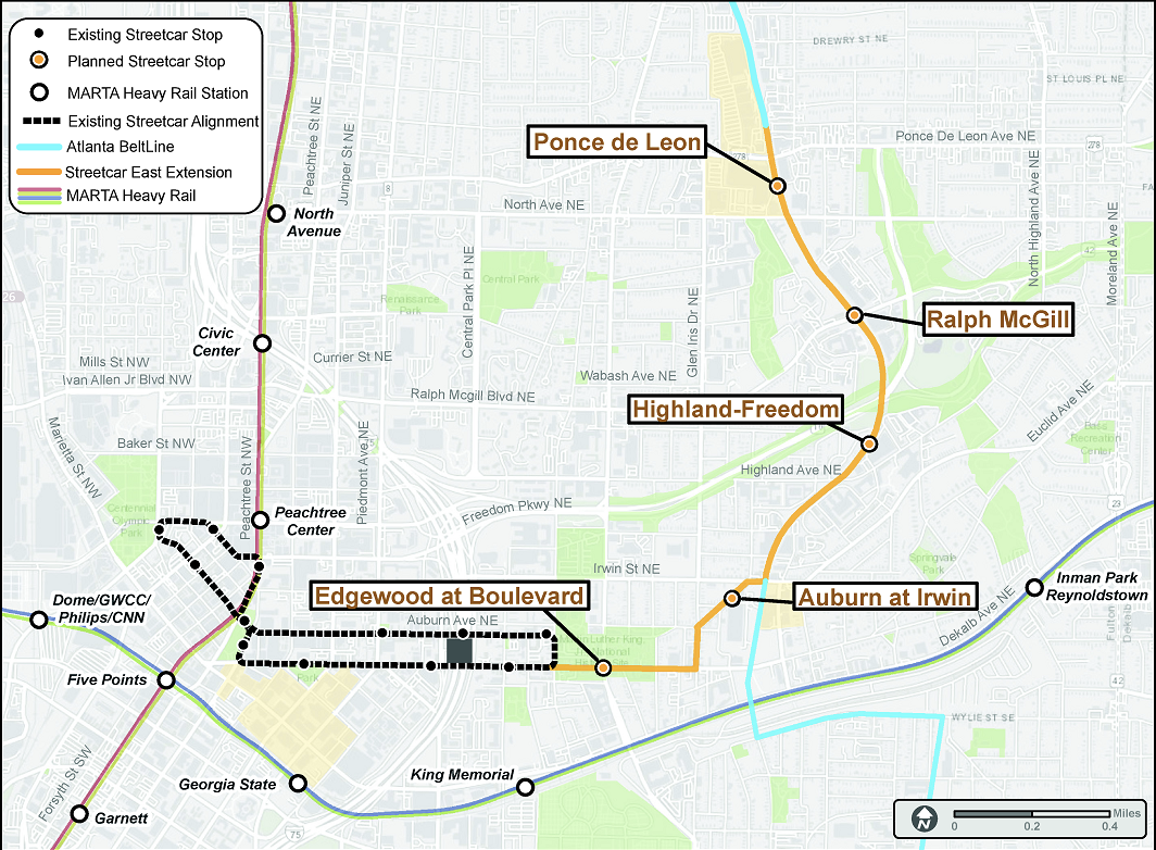 A map of the proposed streetcar expansion along the Beltline's Eastside Trail