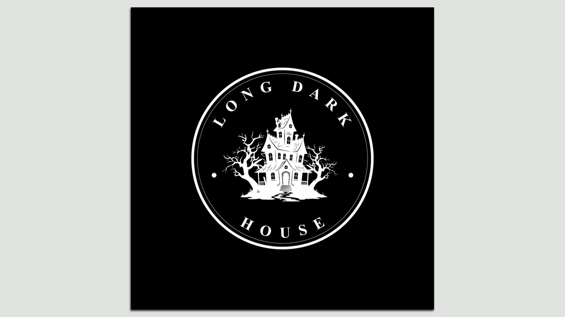 White circular logo on a black background featuring a haunted house with bare trees and a winding path; outer ring reads "Long Dark House".