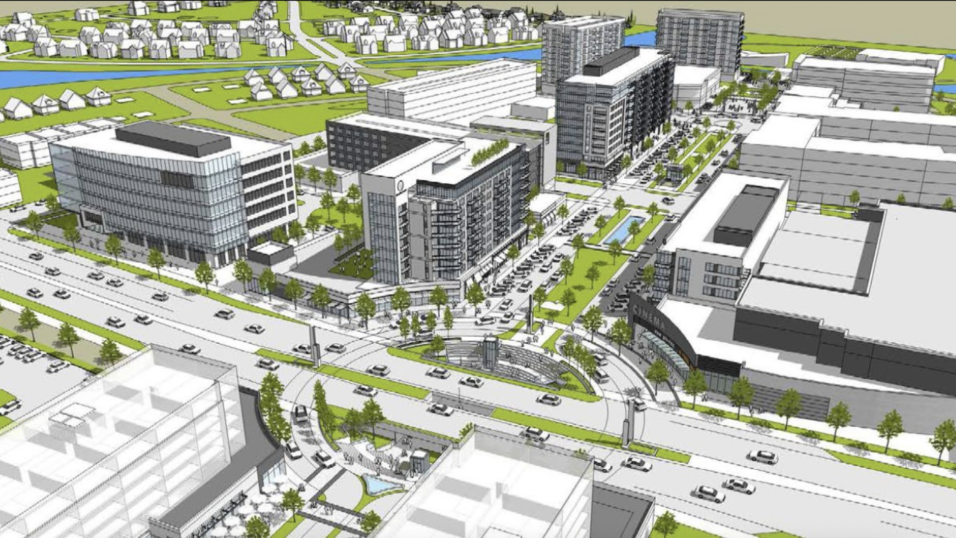 A rendering of buildings surrounded by houses in Arden Hills