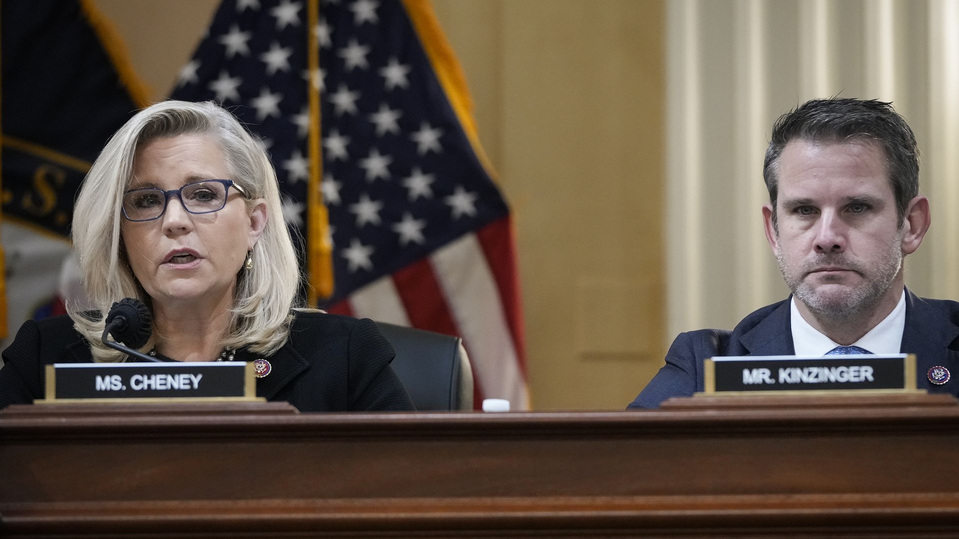 Reps. Liz Cheney and Adam Kinzinger during a committee meeting on Capitol Hill on December 1.