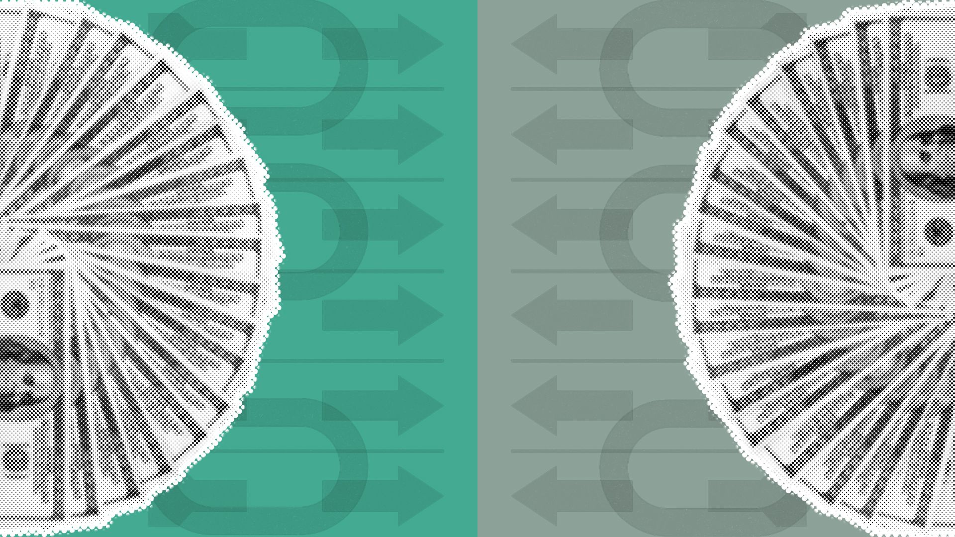 Illustration of fans of dollar bills against abstract shapes.