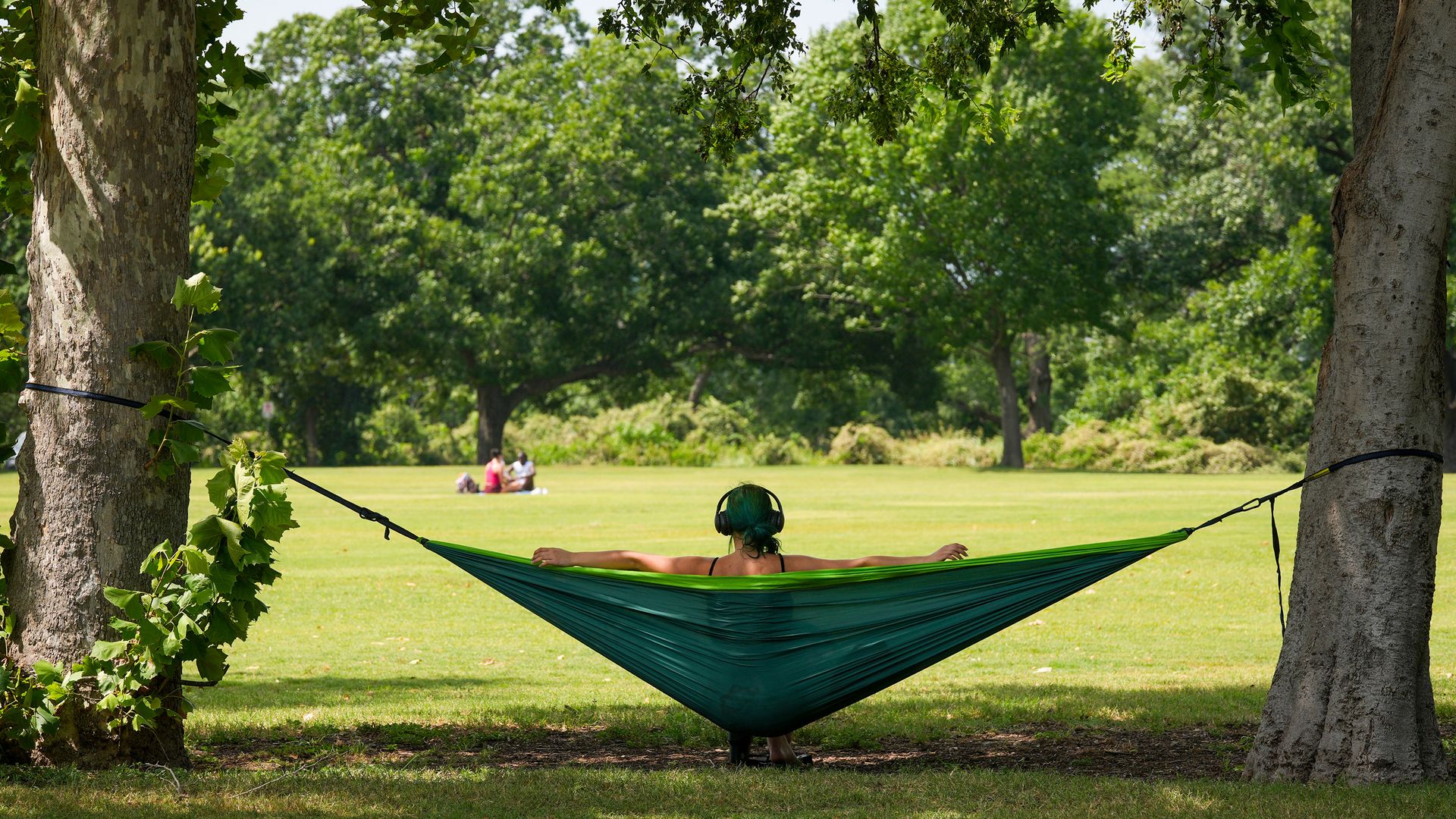 Two large trees frame a bright green hammock stretched between them in a sunny park; a person with teal hair wearing headphones lounges in the hammock, with a group of people in the distant background.
