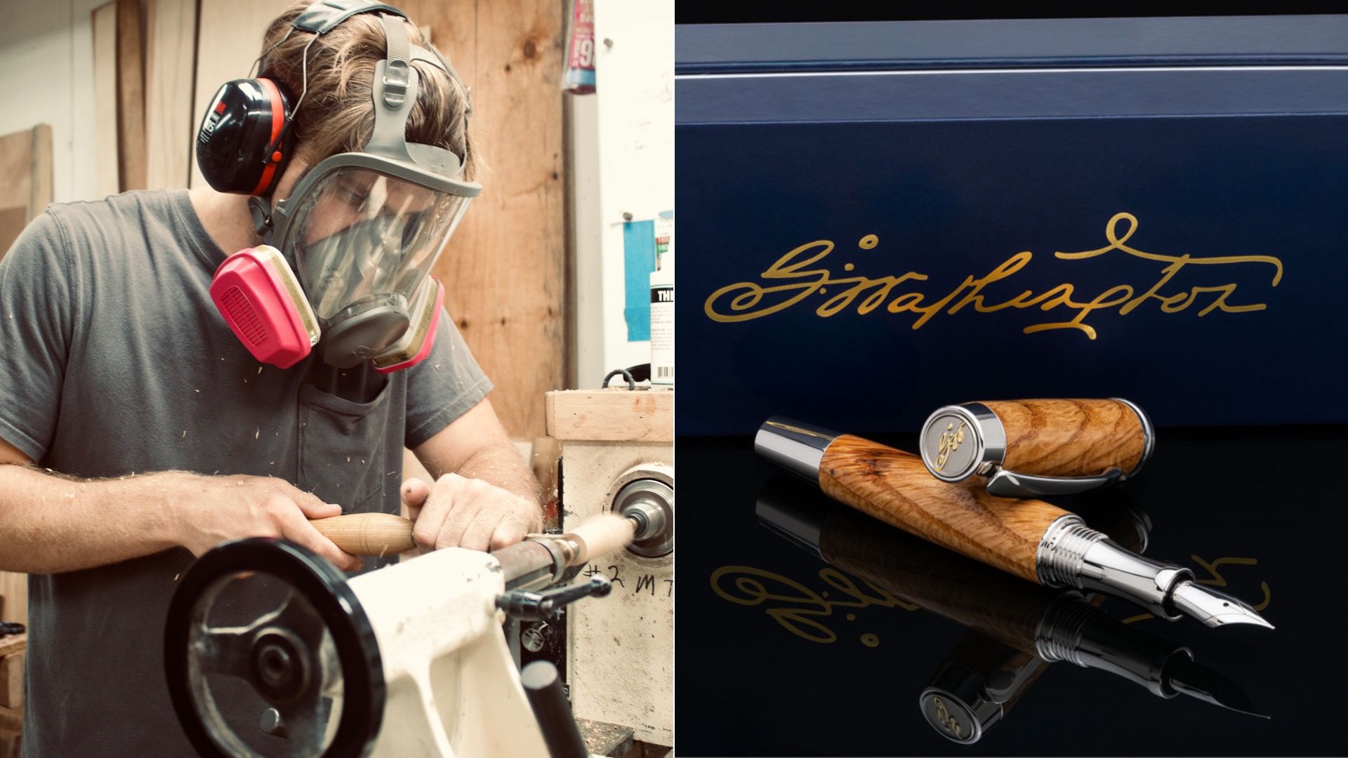Split image: Woodworker Ryan Jones in a gray shirt wearing a pink respirator and face shield, shaping wood on a lathe; one of the fountain pens produced by Jones' company.