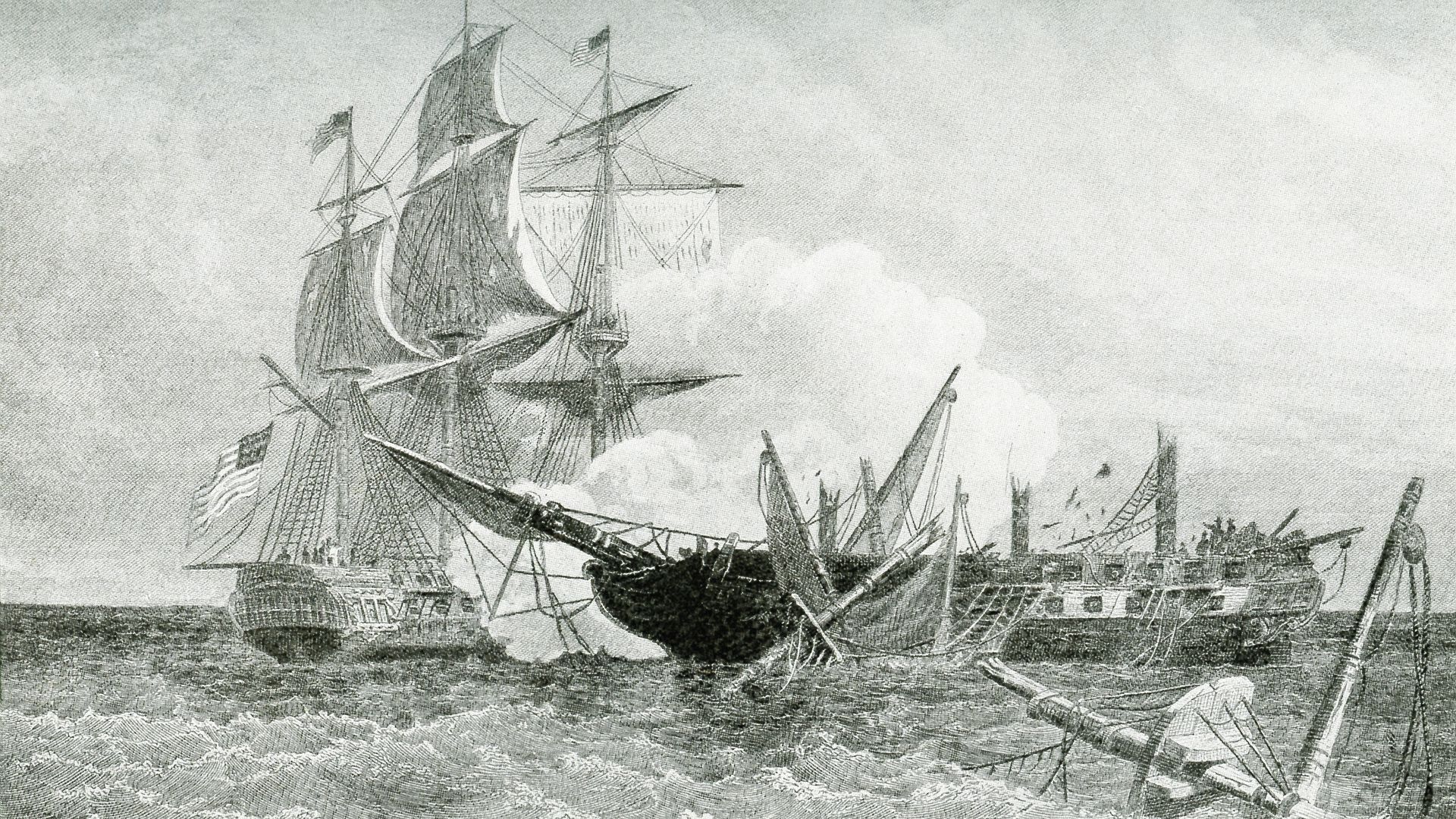 Black and white naval battle from War of 1812, hand drawn