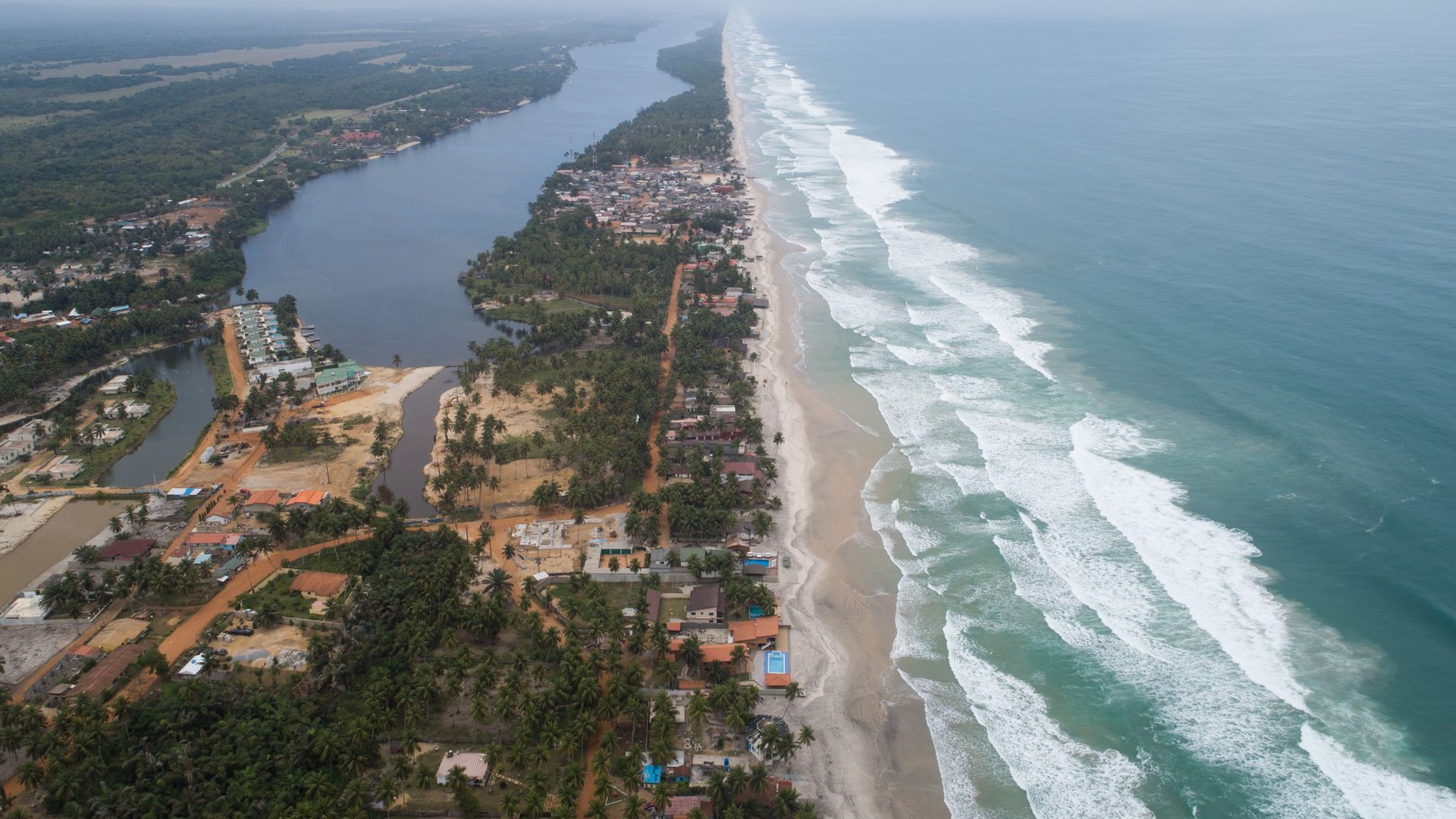 A drone photo shows the coastline in Abidjan, Ivory Coast on August 15, 2019. Ivory Coast, 