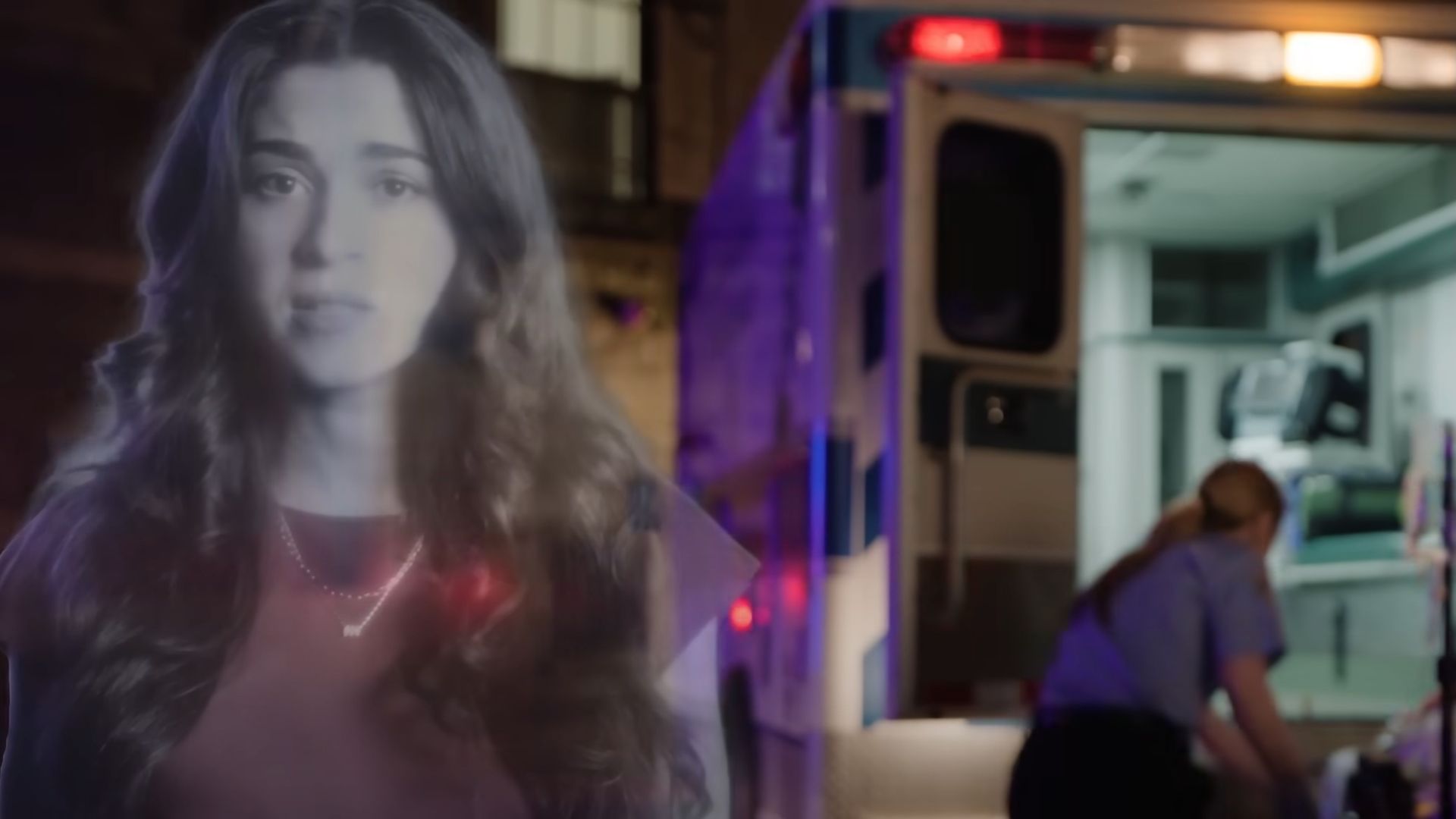 From a commercial on fentanyl prevention, it's the shadowy image of a young woman with an ambulance crew in the background trying to "her." 