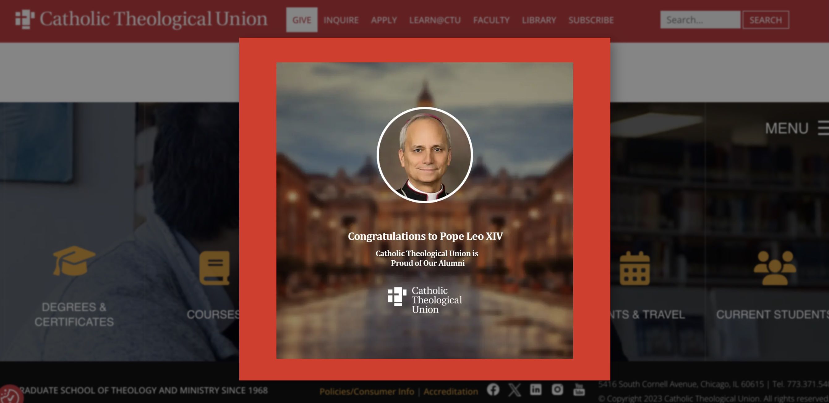 A screenshot of a pop up with a photo of the new the pope and Pope Leo XIV's photo.