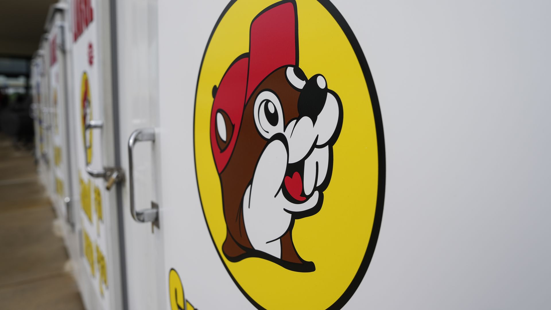 Photo of a logo of a cartoon chipmunk on the side of a freezer door in a store.