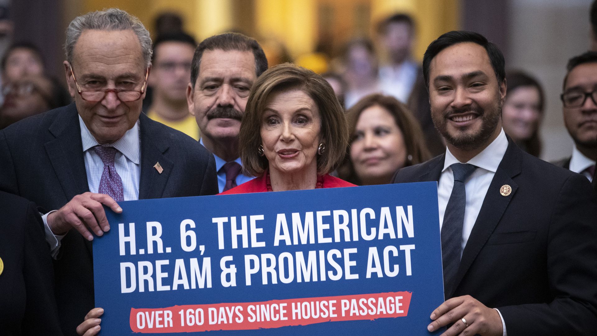 Picture of Chuck Schumer, Nancy Pelosi and Joaquin Castro carrying a sign promoting the American Dream and Promise Act of 2019