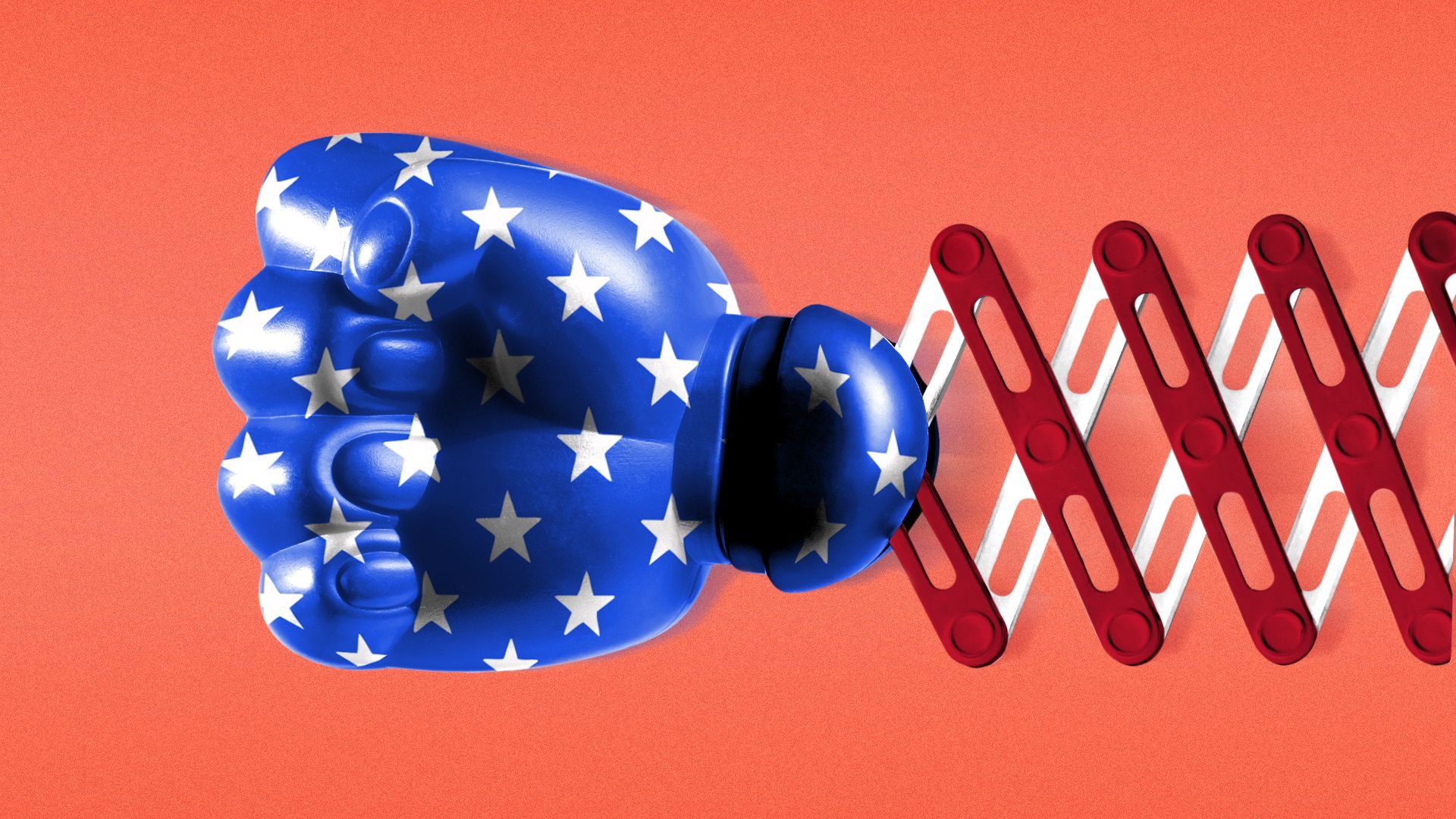 Illustration of a punching hand toy colored like the American flag.