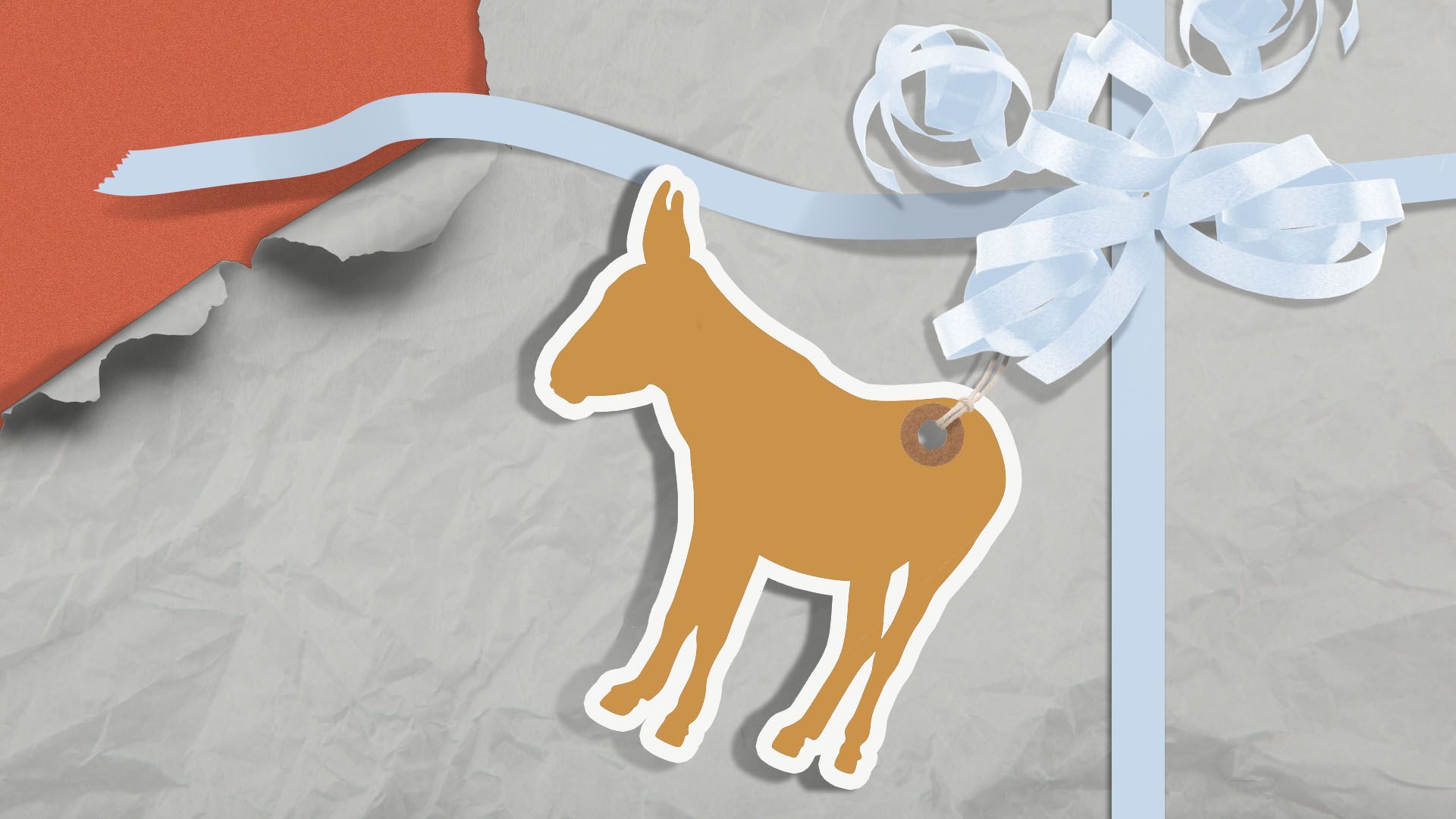 Illustration of a partially unwrapped gift with a donkey greeting card attached