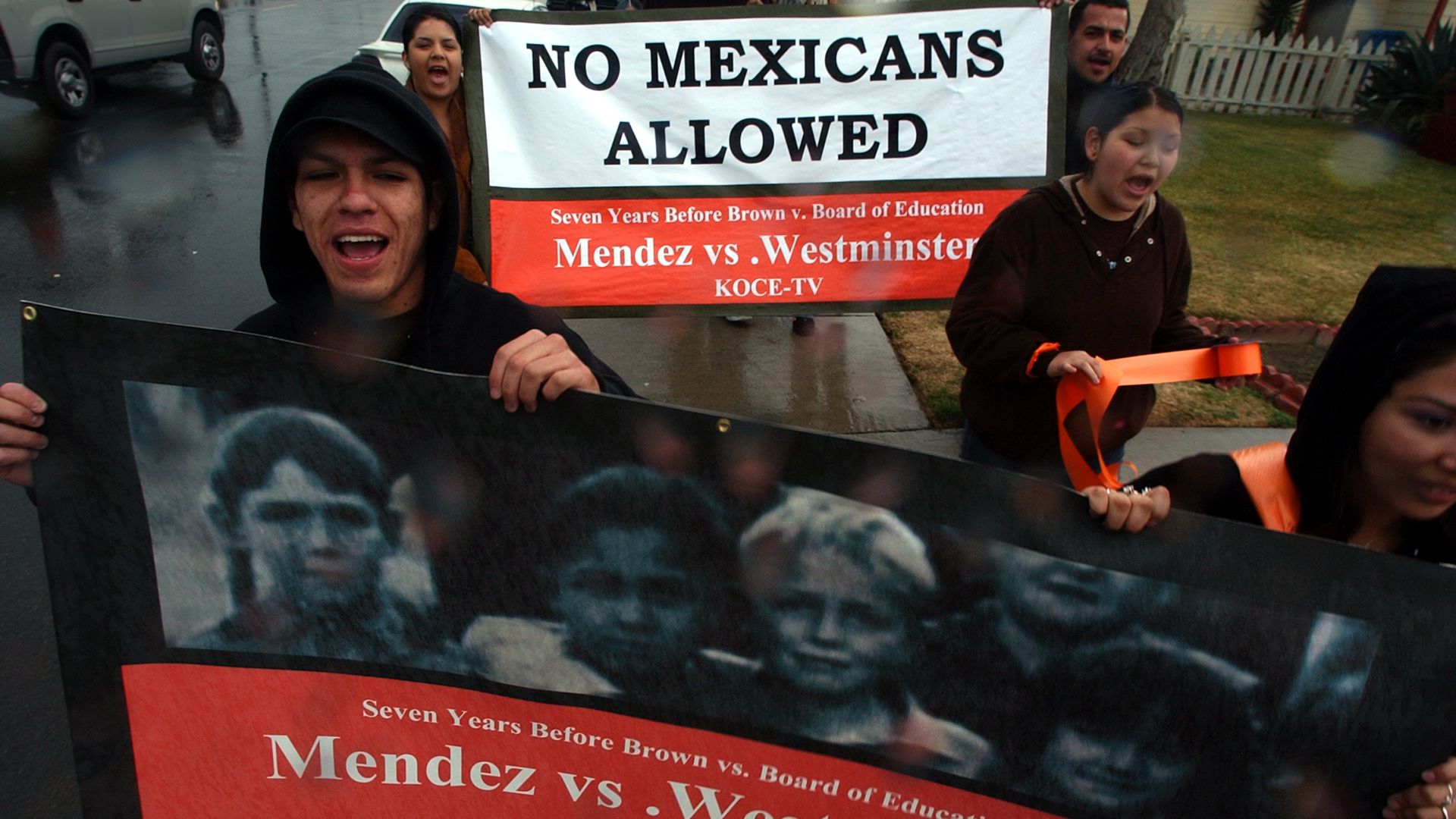 Students at  Long Beach State march to honor the Mendez v. Westminster school desegregation court case in California.