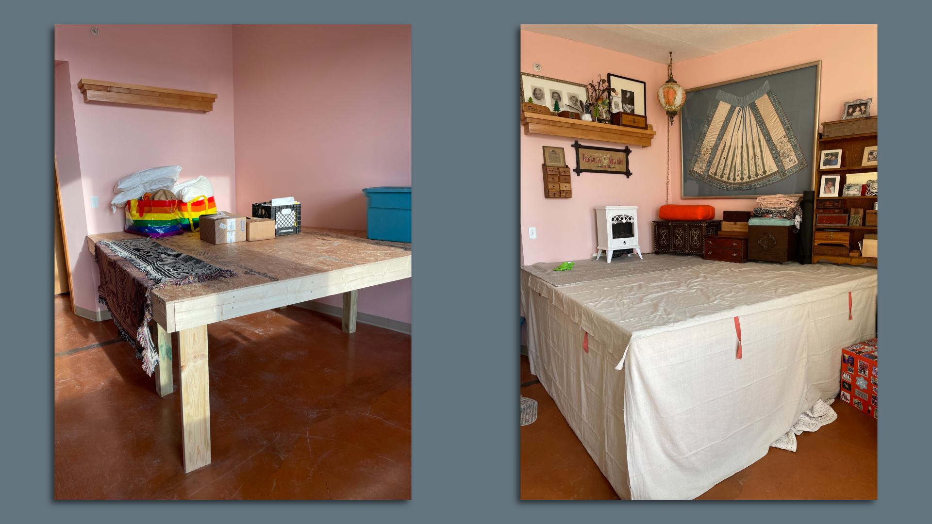 side by side of a platform that is empty underneath and covered with a tablecloth