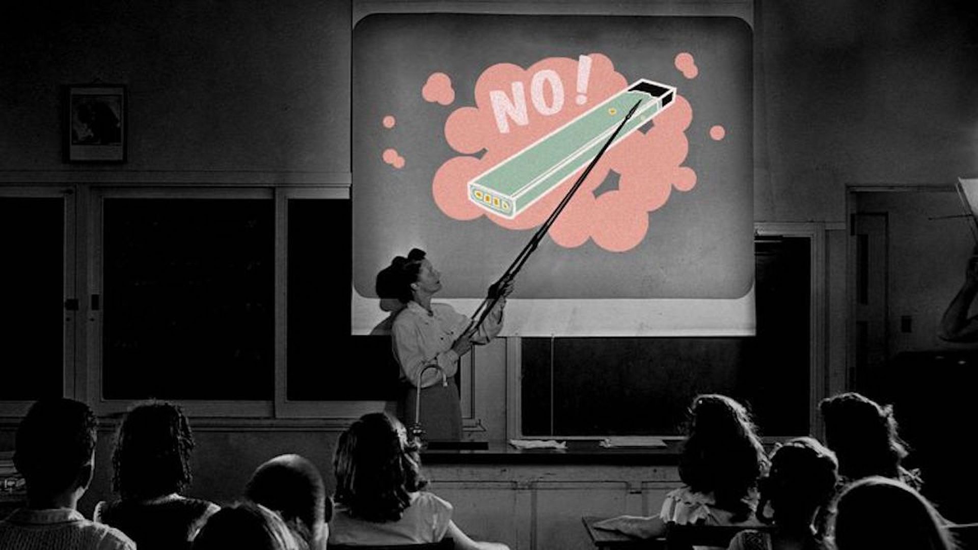 Illustration of a woman pointing to a projector screen that has a picture of a vape pen and the word "NO."