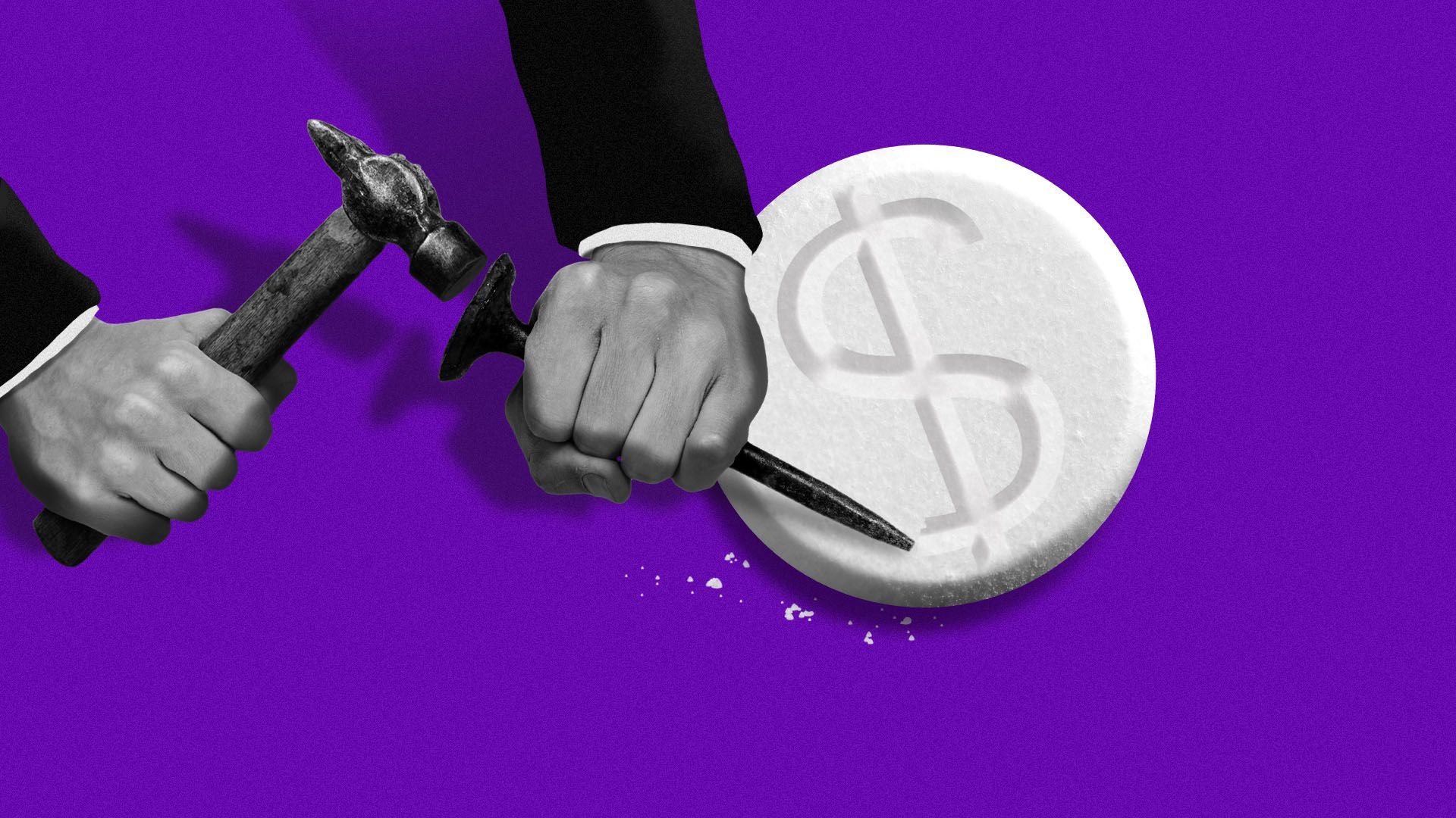 Illustration of hands in a suit chiseling a dollar sign into a pill