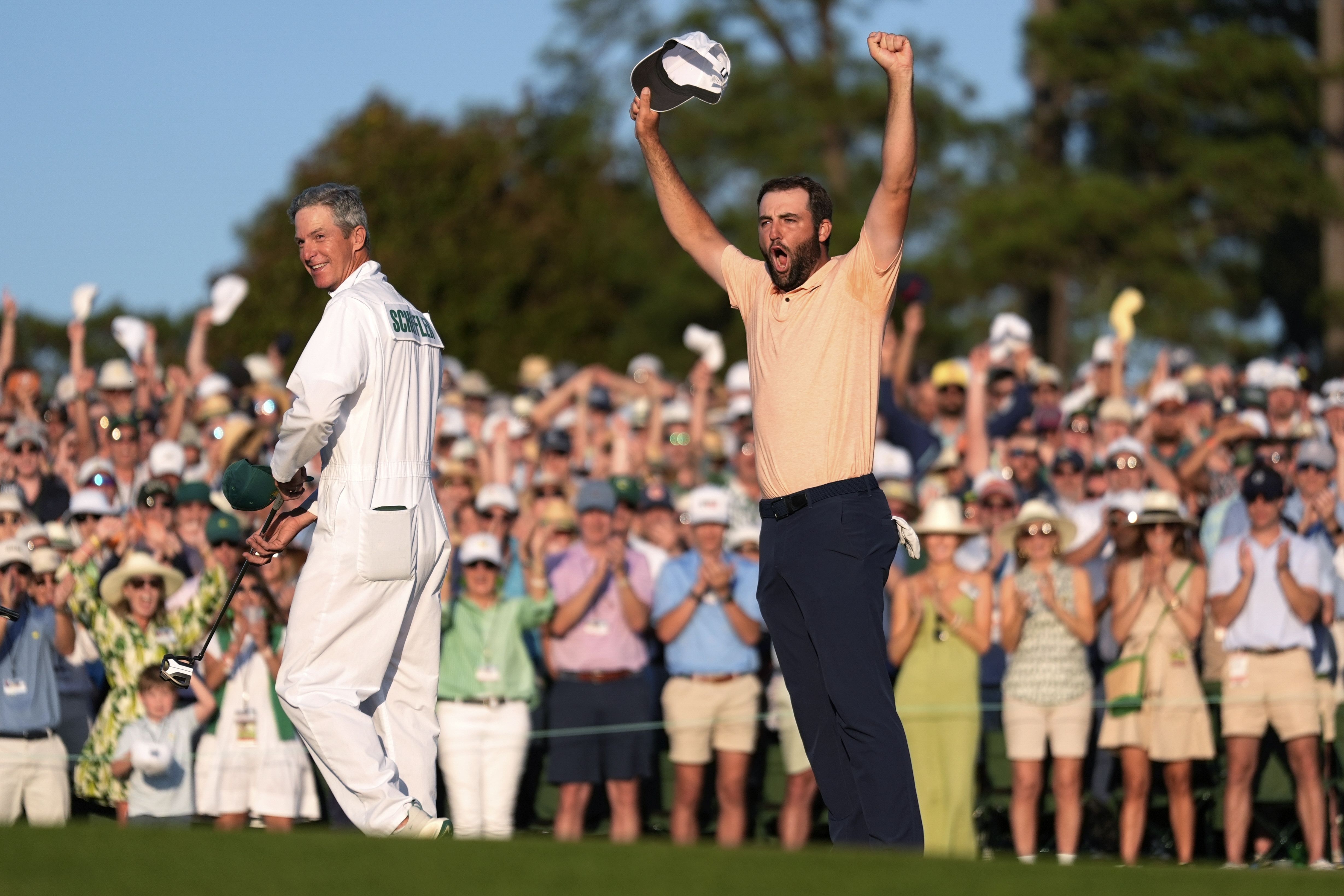 Scottie Scheffler celebrates after winning the Masters yesterday.