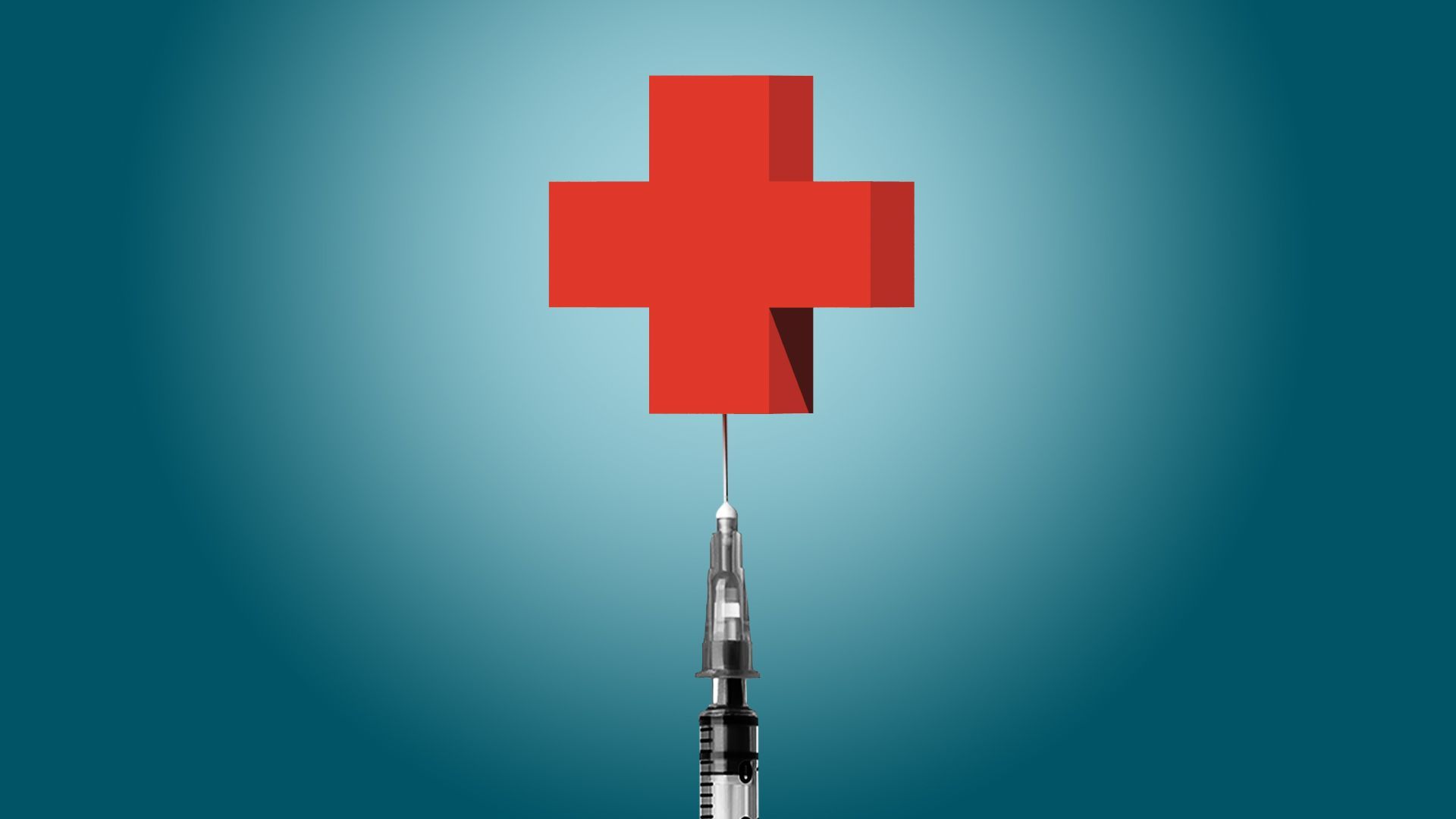 Illustration of a red cross balancing atop a syringe