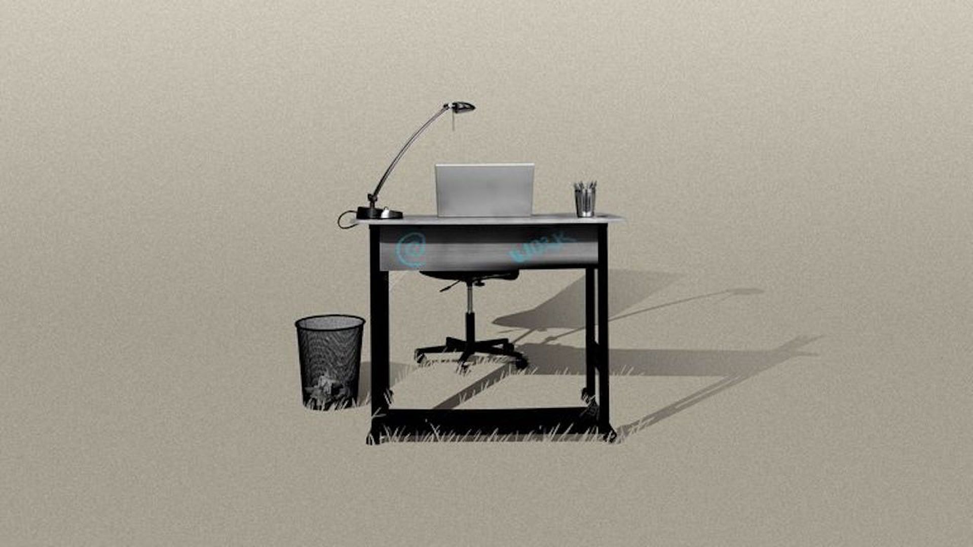 Illustration of a modern work desk with a laptop on it and the hint of stems of grass on the ground around it