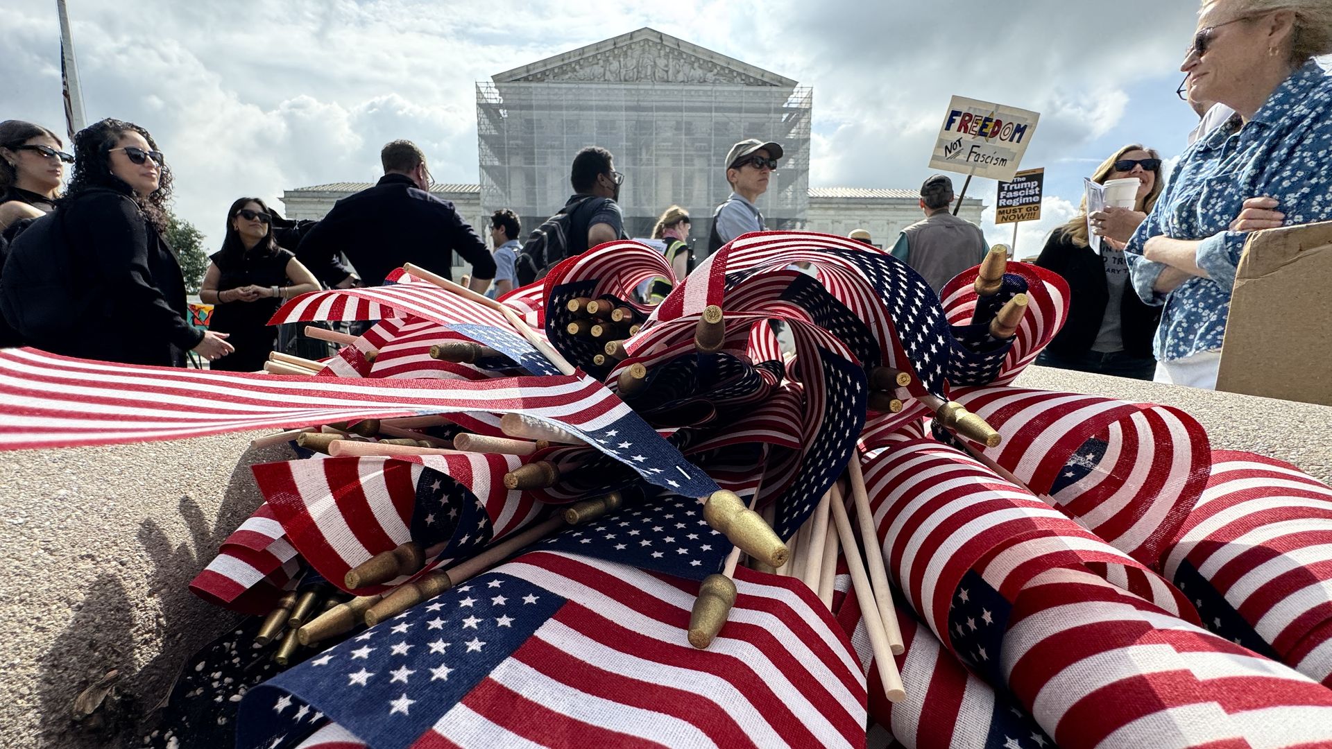 American flags are seen during a protest outside the US Supreme Court over President Donald Trump's move to end birthright citizenship.
