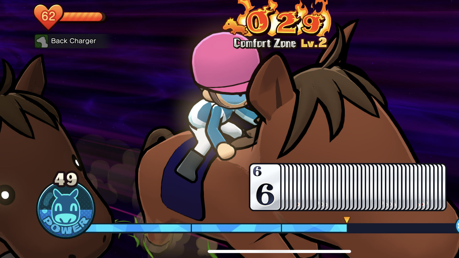 Video game screenshot of a jockey on a horse with playing cards overlaid on the screen