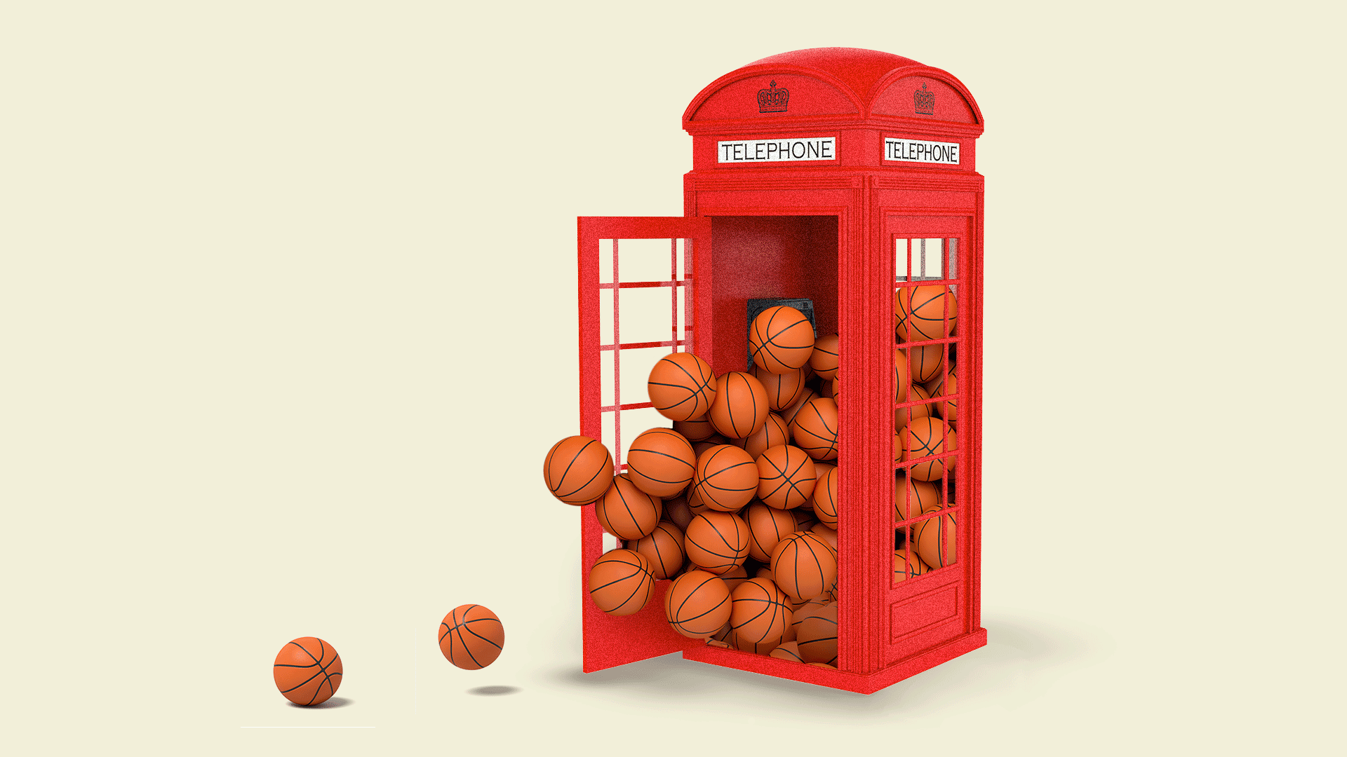 A London telephone booth overflowing with basketballs