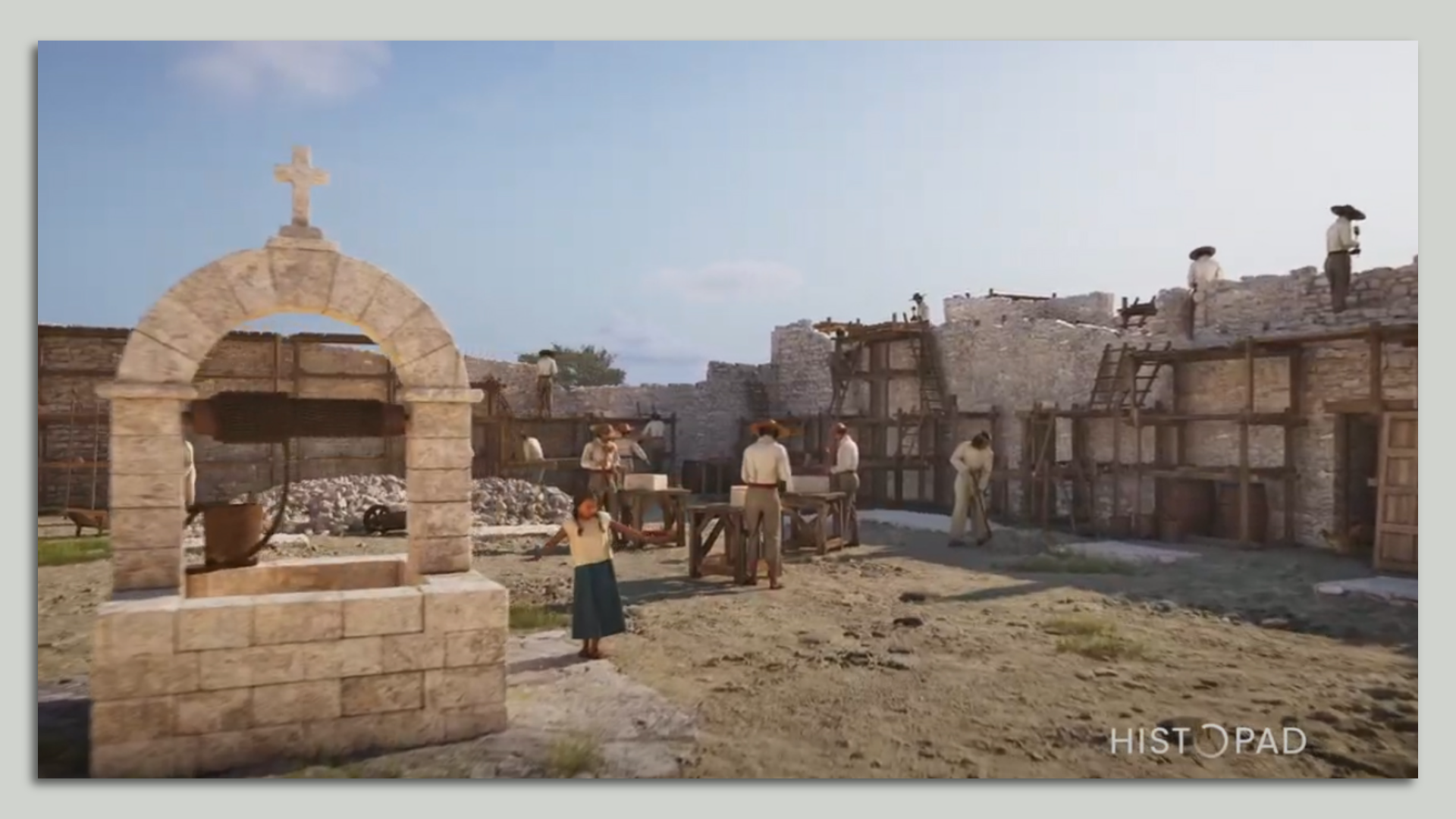 An image shows people milling about what would have been the early days of the Alamo.