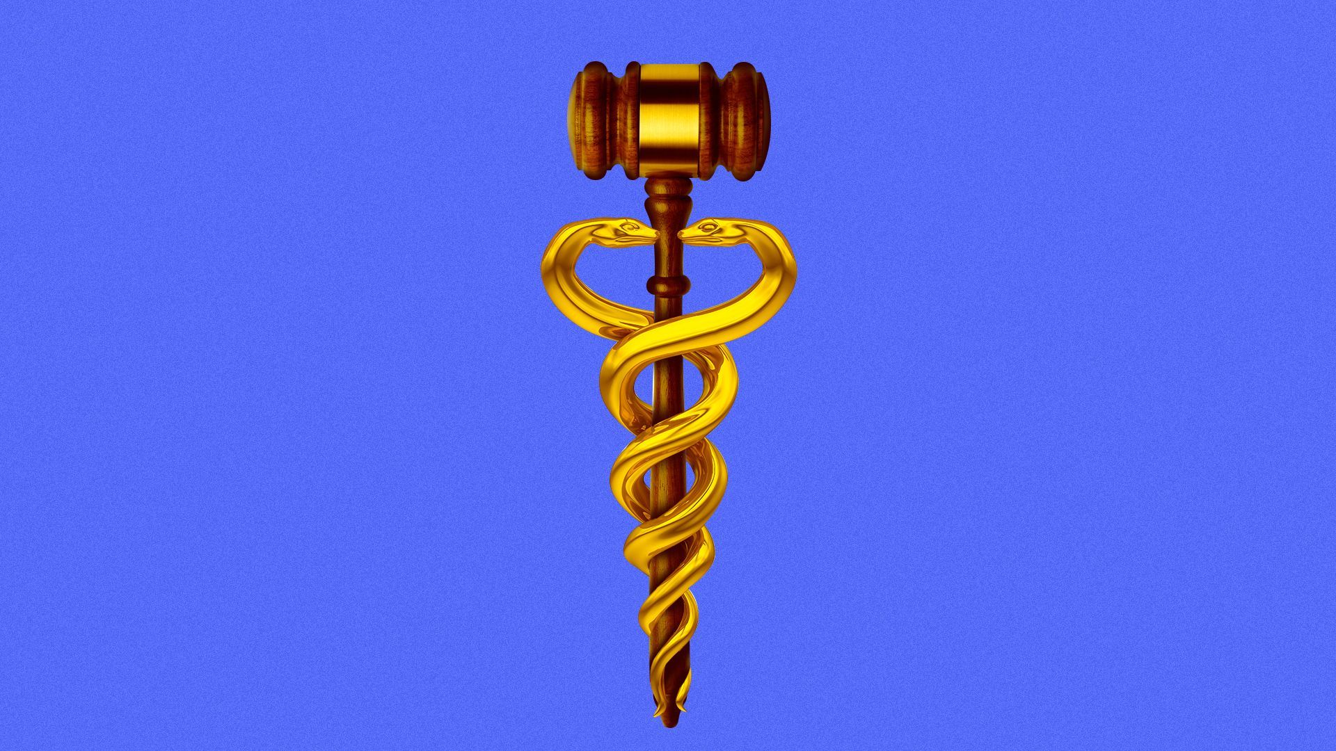 Illustration of a caduceus with a gavel in the center.