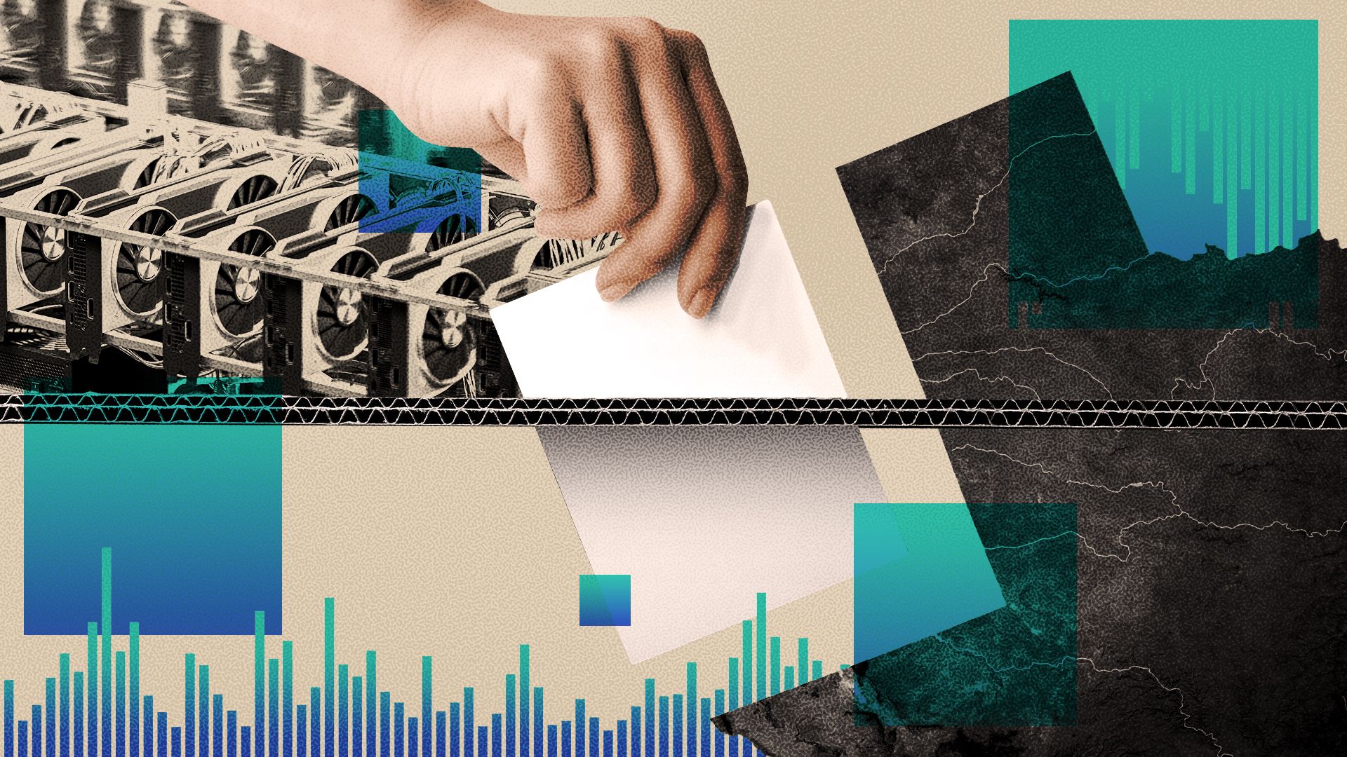 Illustrated collage of a hand casting a ballot with a topographical map of Texas, equalizer lines, abstract squares, and a bitcoin mining farm in the background.