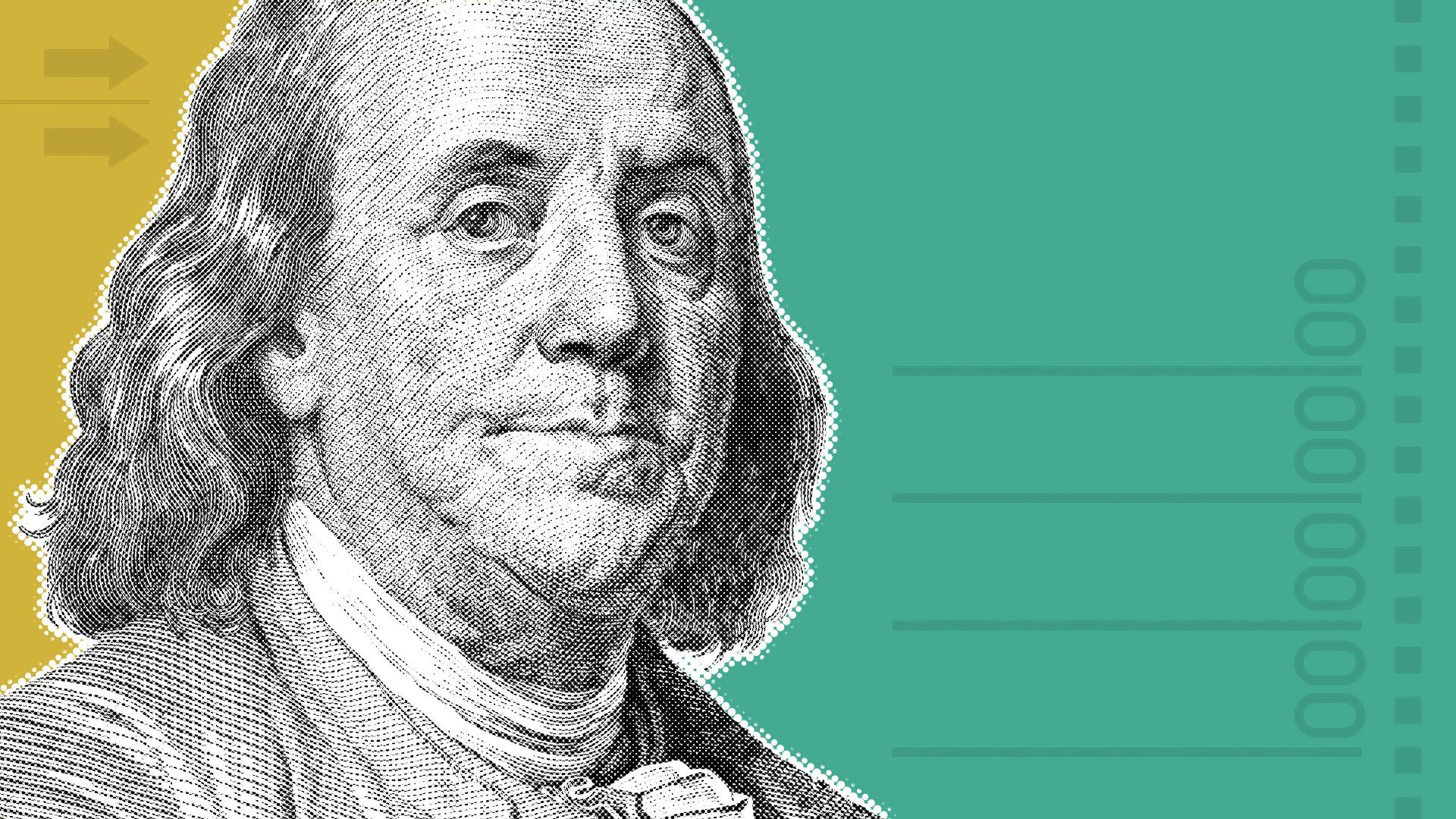 Illustration of Ben Franklin from a hundred dollar bill on a yellow and green background with elements of a ballot around him
