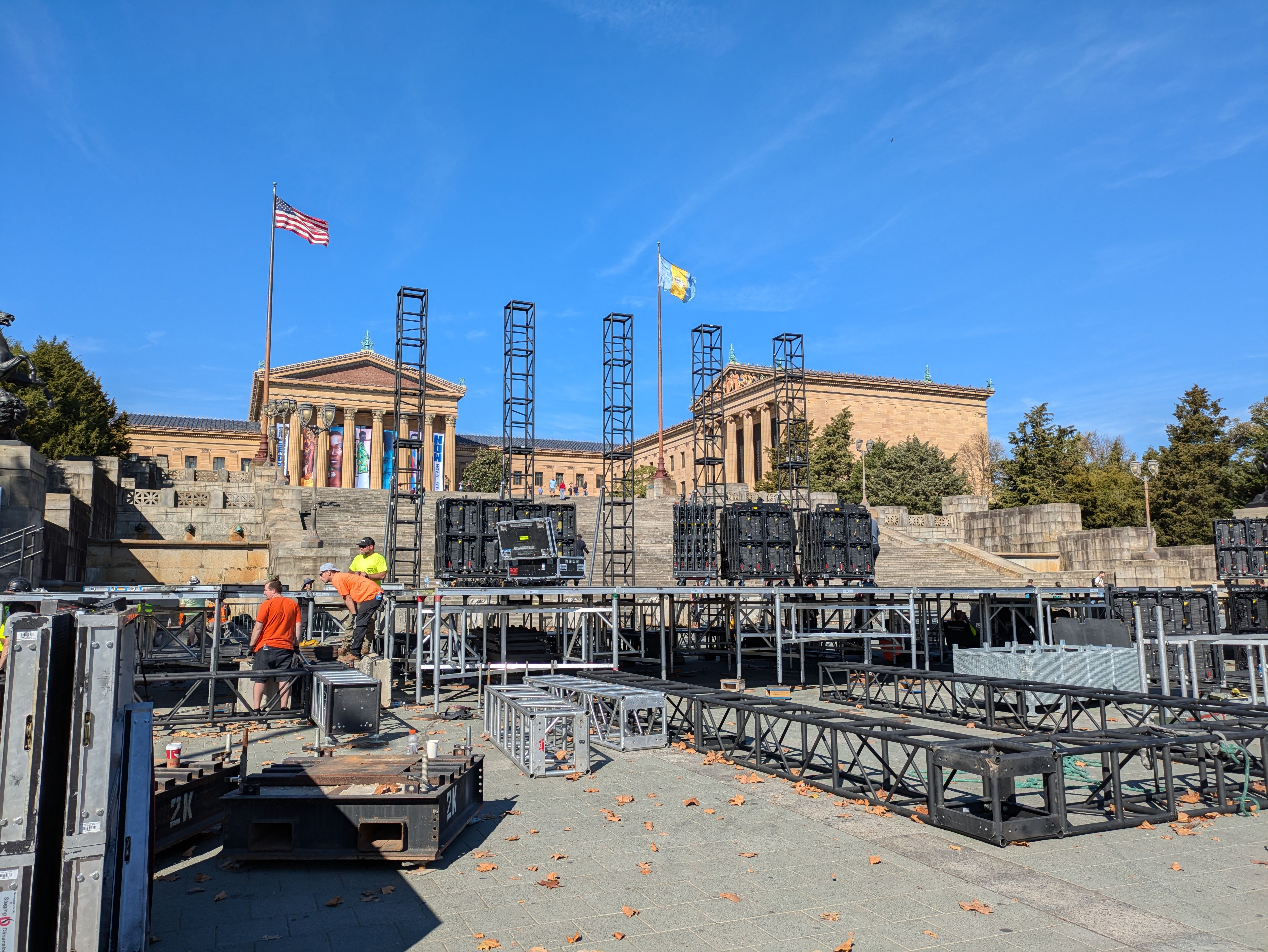Crews were constructing what appeared to be a stage at the foot of the Rocky steps on Thursday.