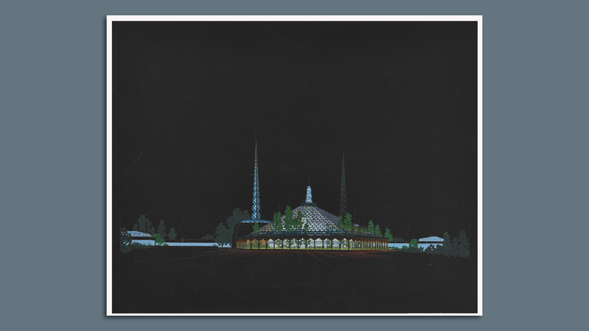 An artists rendering of Oasis, Frank Lloyd Wright's proposal for the Arizona state capitol, depicted at night.