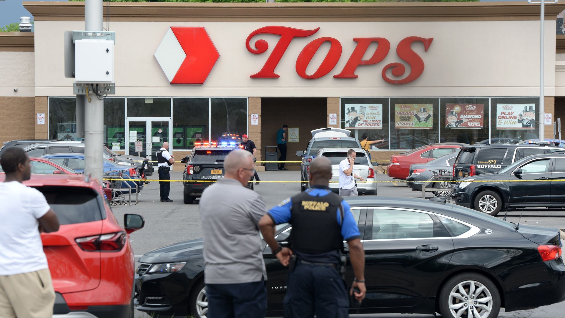 Buffalo Police at the scene of the shooting, a Tops Friendly Market, on May 14.