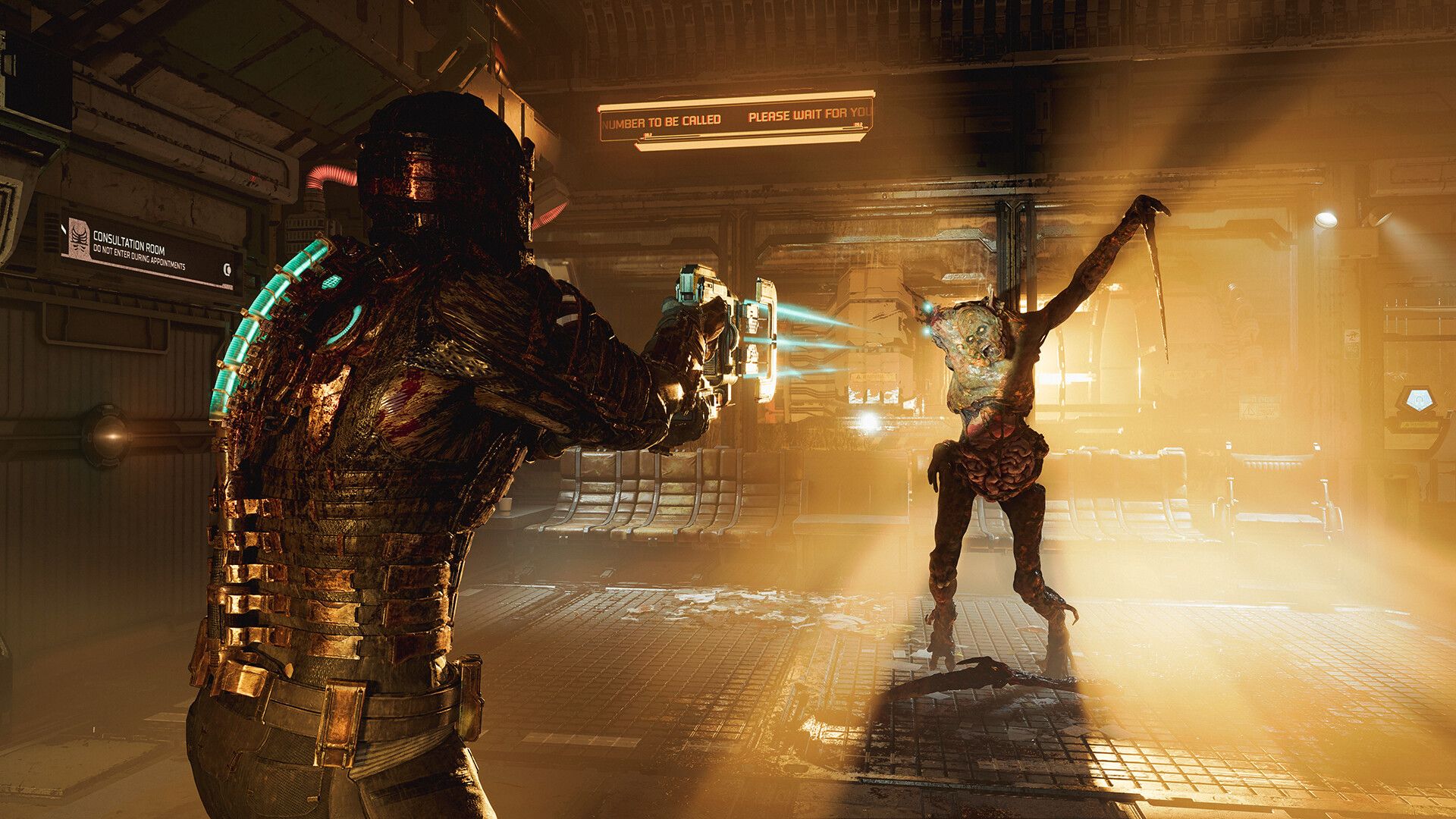 Video game screenshot of a person in sci-fi space armor aiming a three-pronged laser gun at a lanky monster