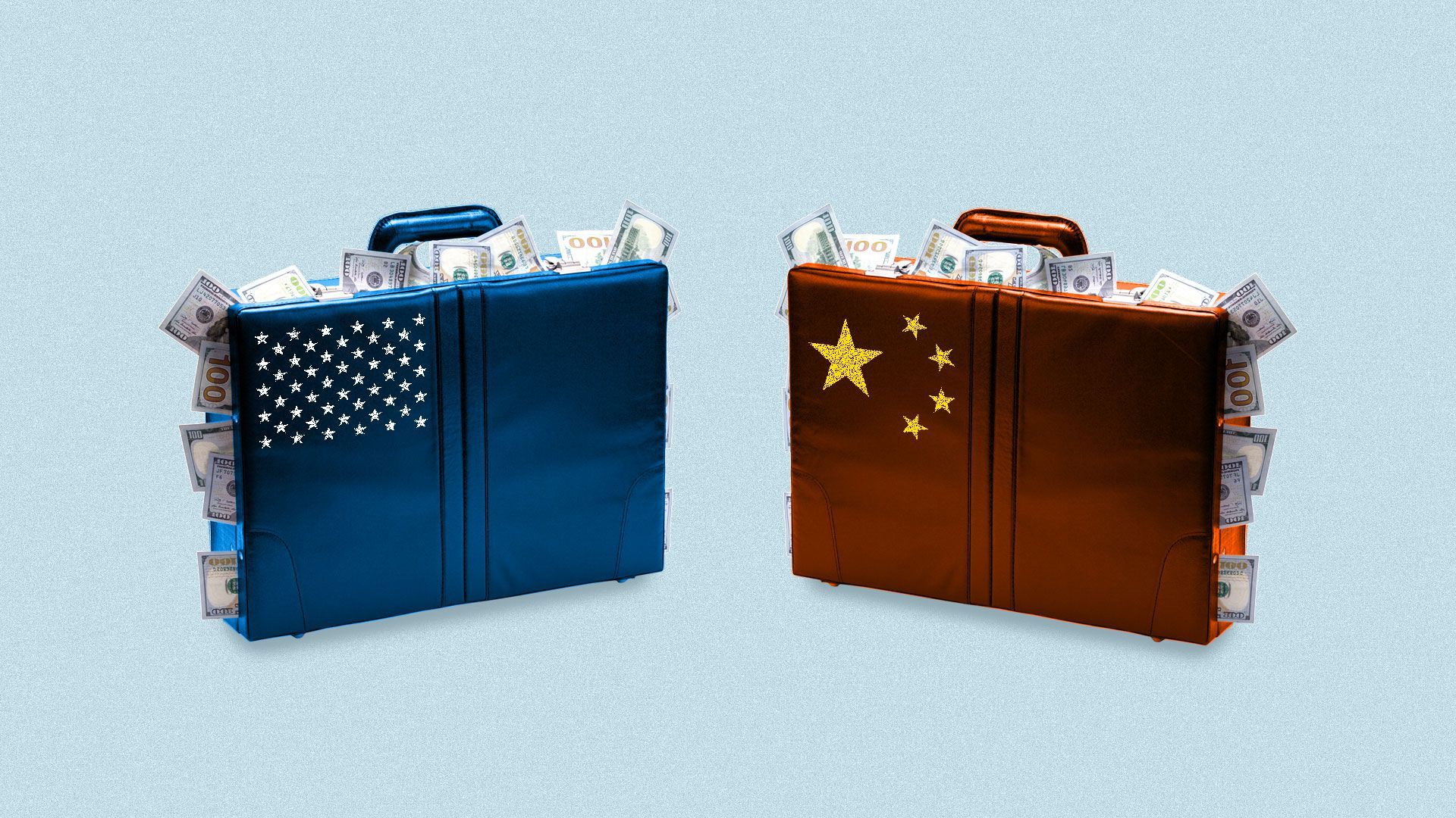 Two suitcases overstuffed with cash bearing the Chinese and US flags.