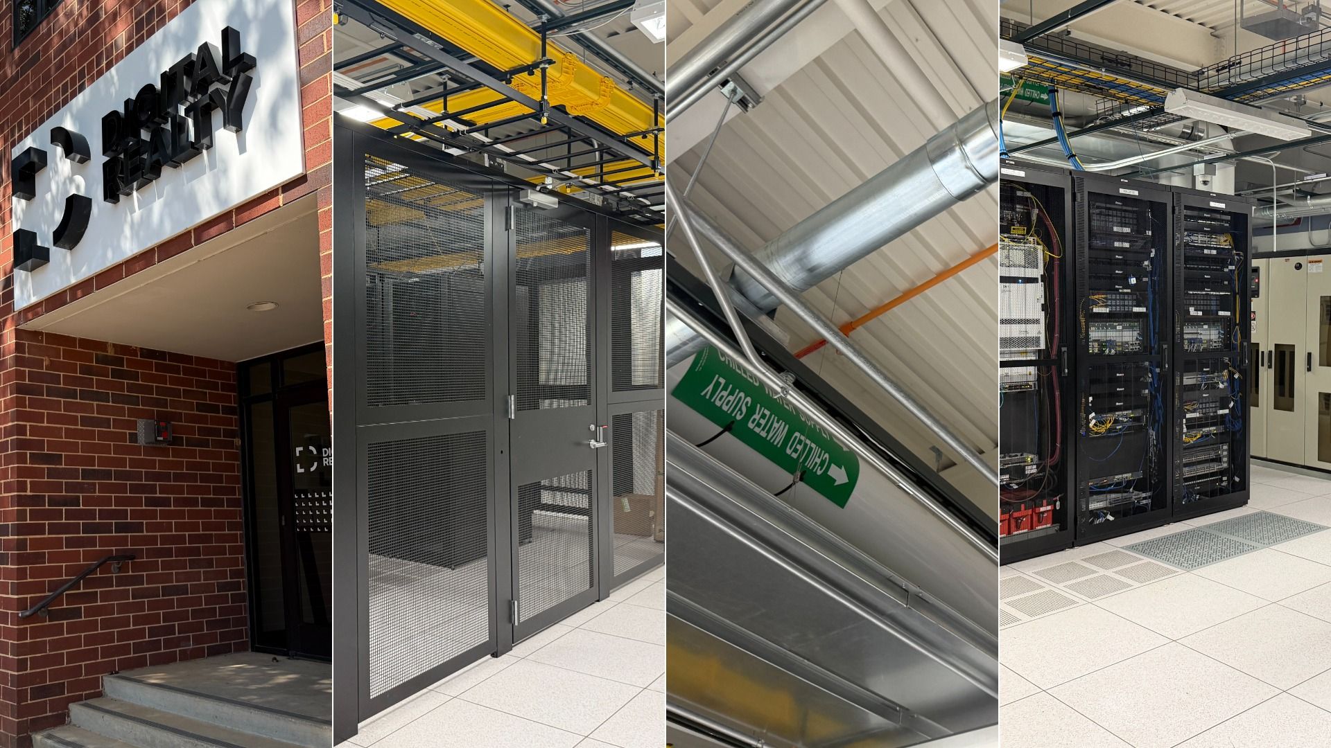 Collage of four scenes: brick building exterior with sign; secured entry with gray metal doors and mesh; HVAC ducts and a green "CHILLED WATER SUPPLY" sign; server racks with cables.
