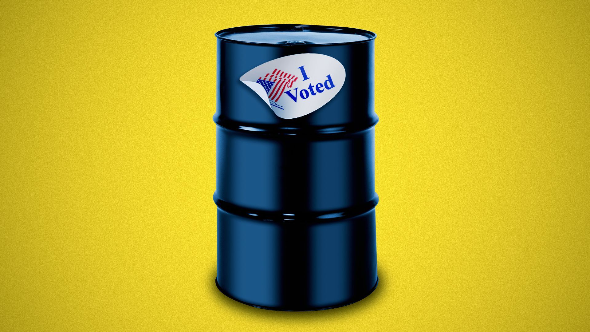 Illustration of an oil barrel with an "I voted" sticker.