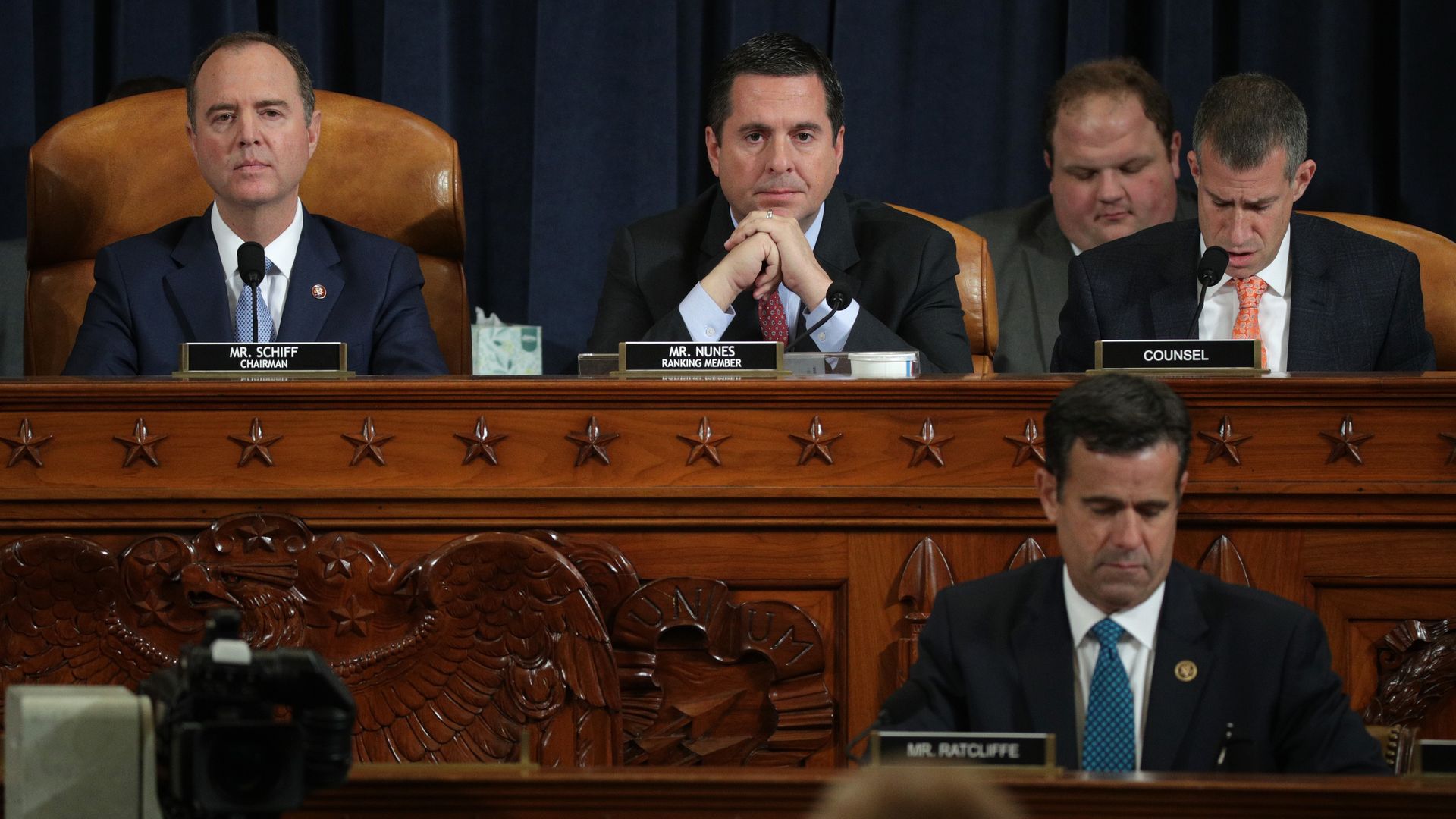 Reps. Adam Schiff and Devin Nunes listen to testimony from former U.S. Ambassador to Ukraine Marie Yovanovitch