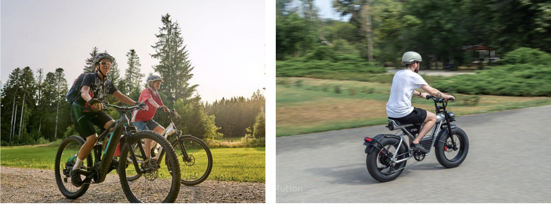People on regular e-bikes and someone on a device resembling a dirt bike.