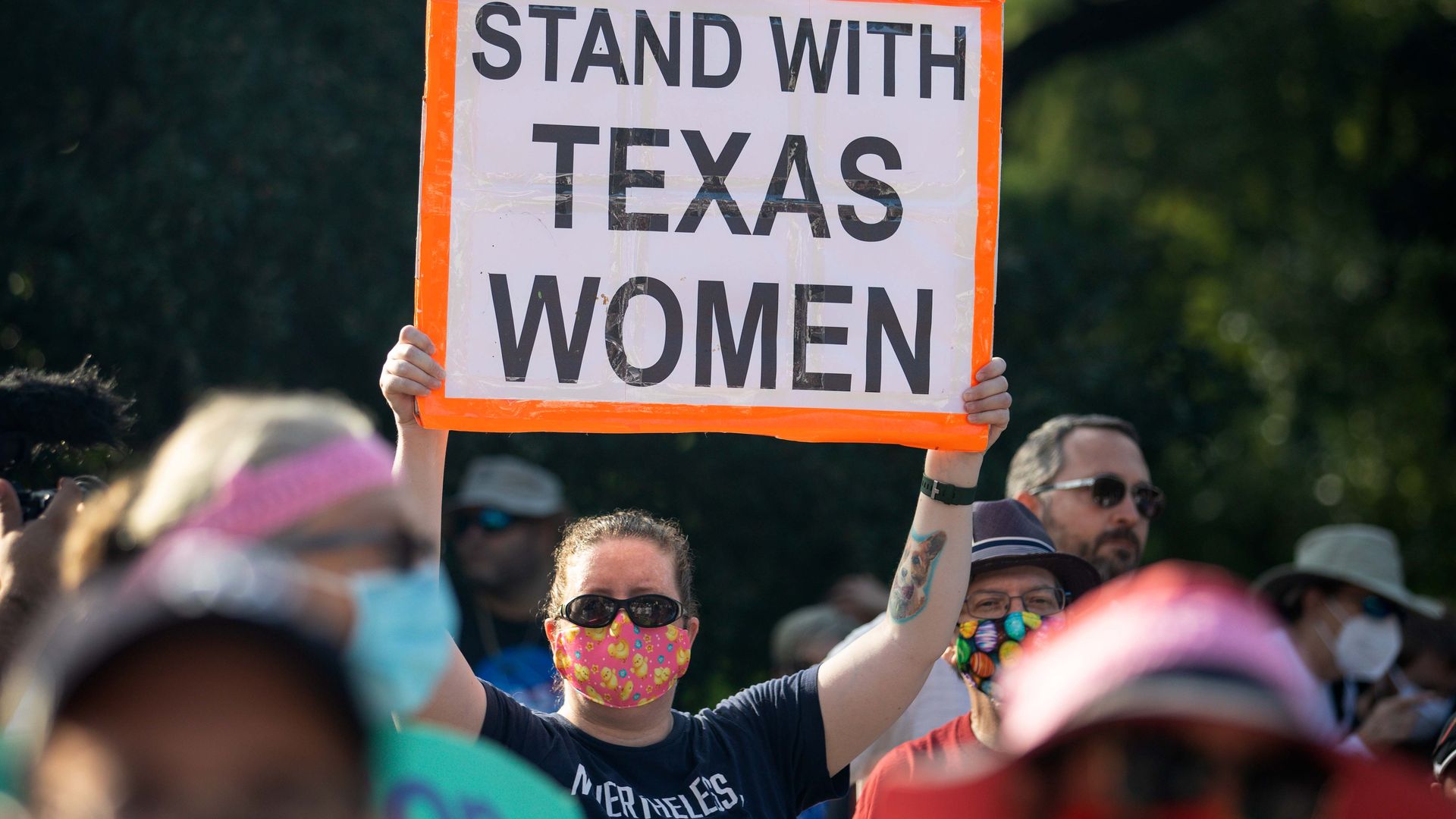 Demonstrators rally against anti-abortion and voter suppression laws at the Texas State Capitol on October 2, 2021 in Austin, Texas.