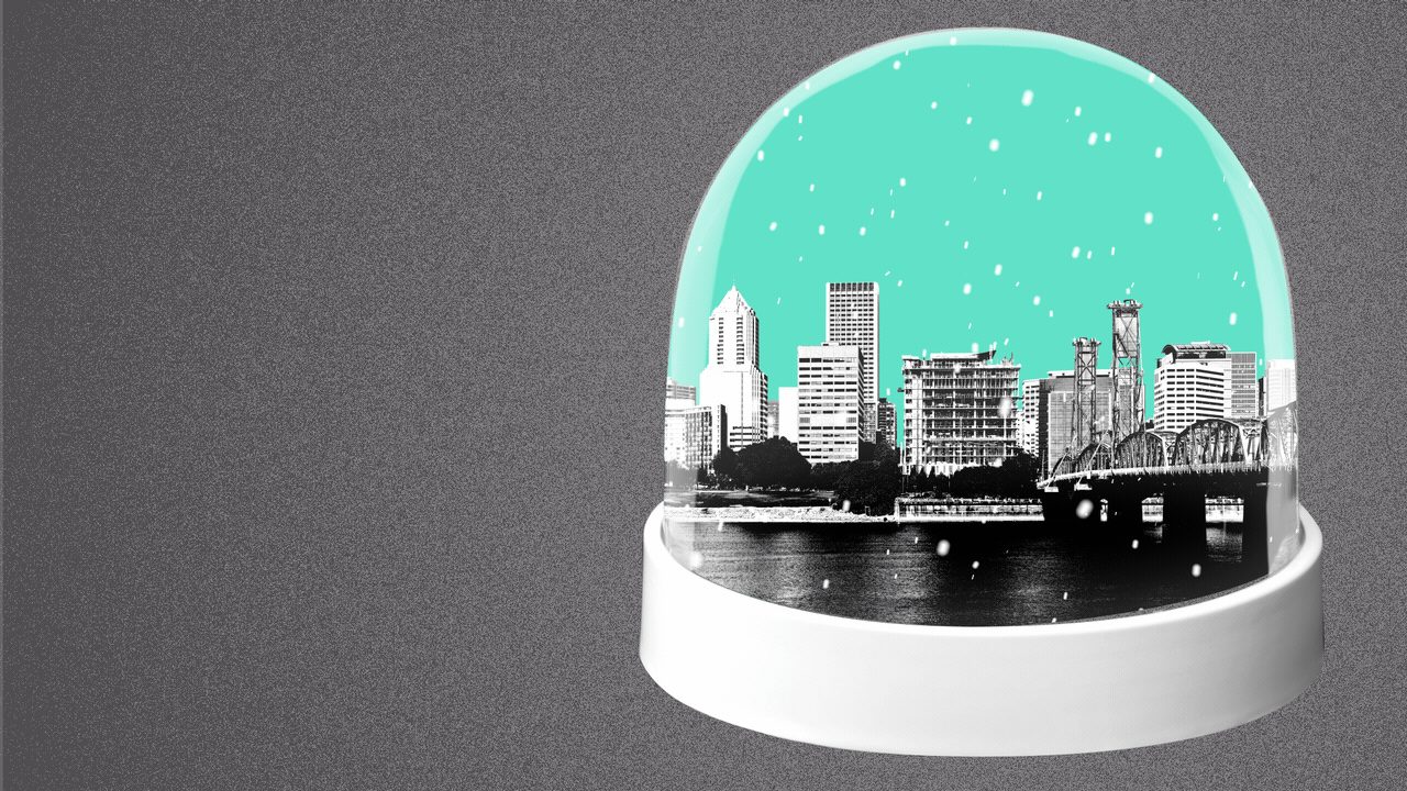Animated illustration of snow falling on the Portland skyline in a snow globe.