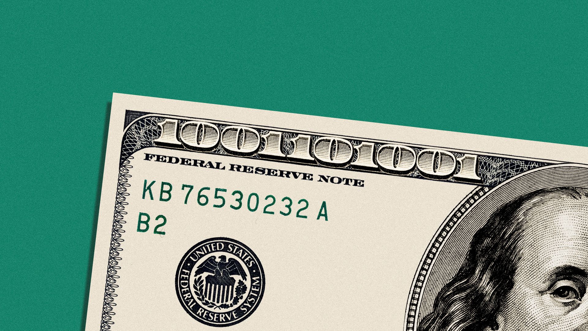 Illustration of a hundred dollar bill featuring numbers in binary code