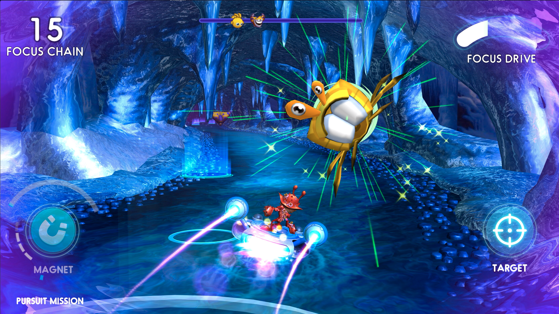 Video game screenshot of a small humanoid character in a red outfit riding a futuristic skateboard